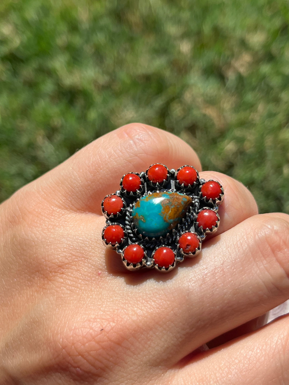 Turquoise & Coral Cluster Ring Size 6.5 | 925 Sterling Silver D306