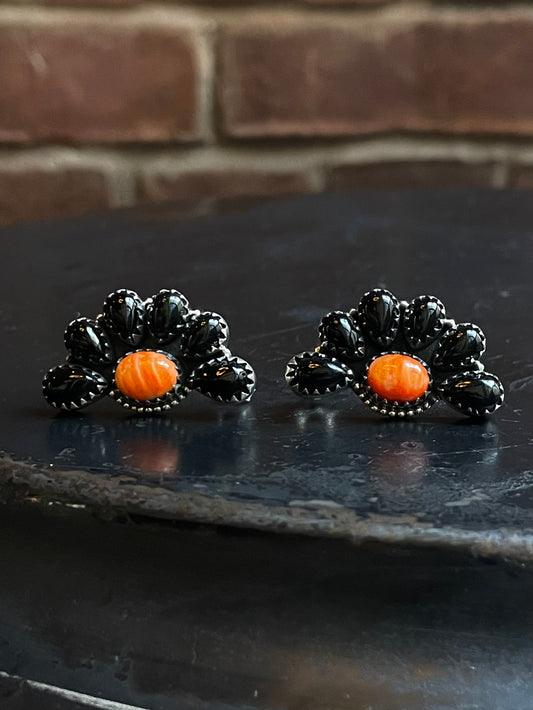 Black Onyx Spiny Oyster Cluster Stud Earrings | Sterling Silver E647