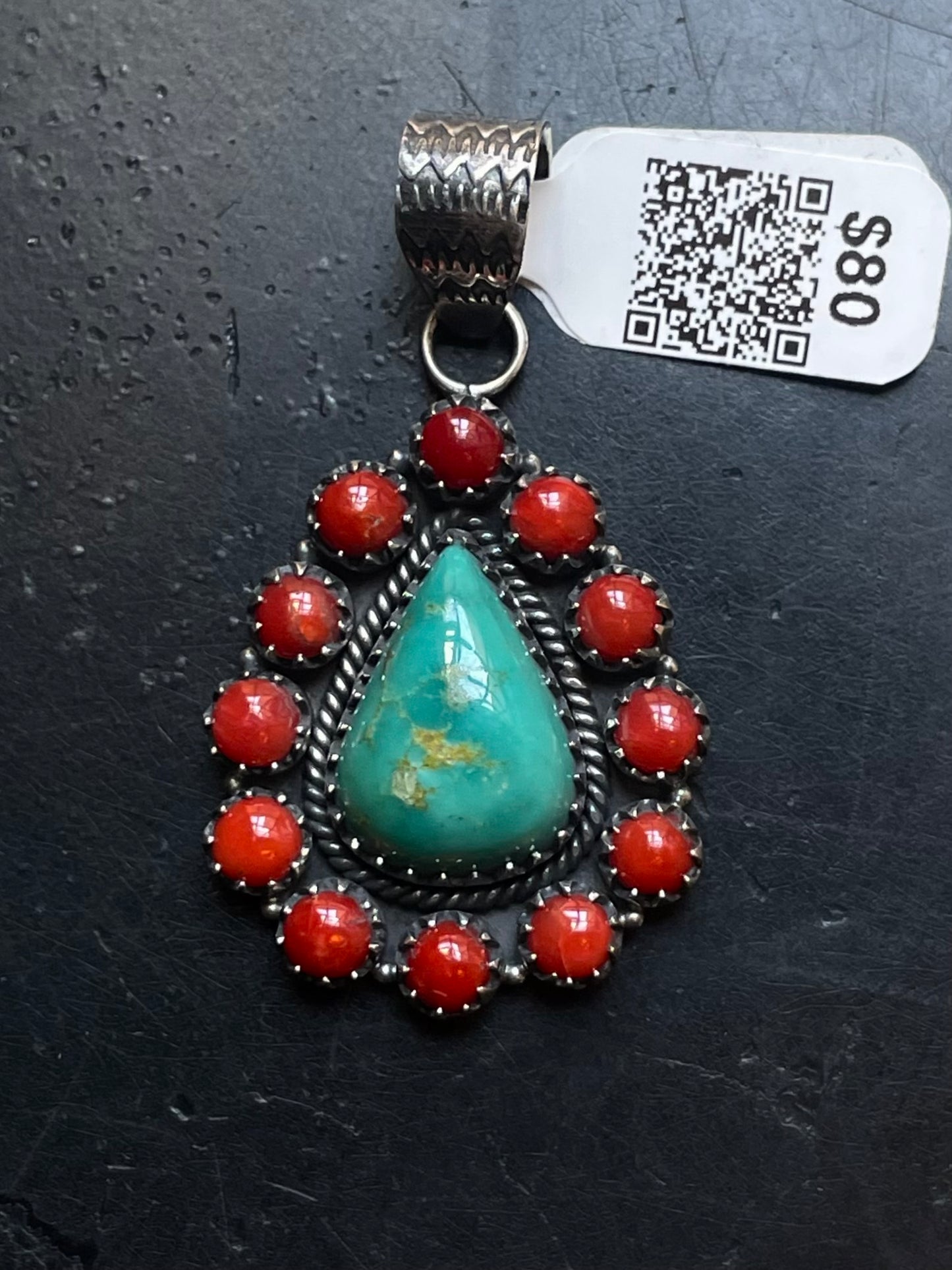 Kingman Turquoise Coral Cluster Pendant | Sterling Silver | A521