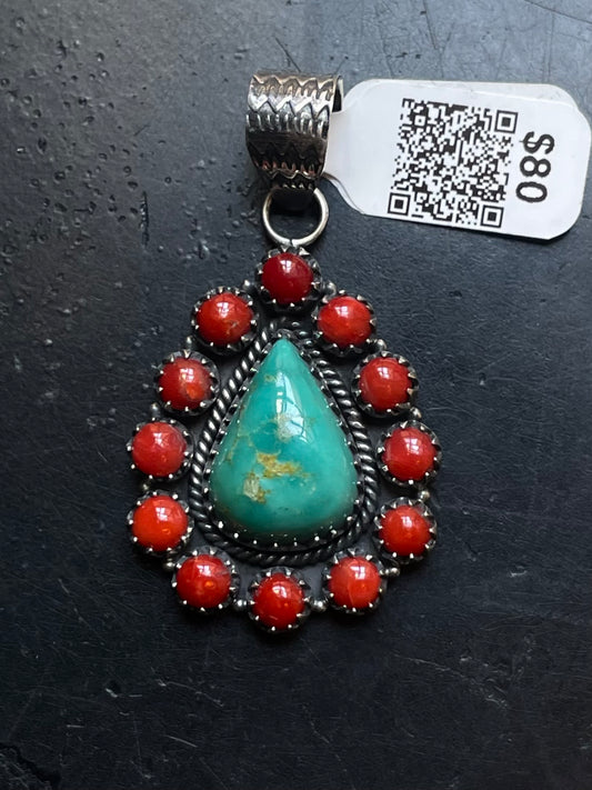 Kingman Turquoise Coral Cluster Pendant | Sterling Silver | A521