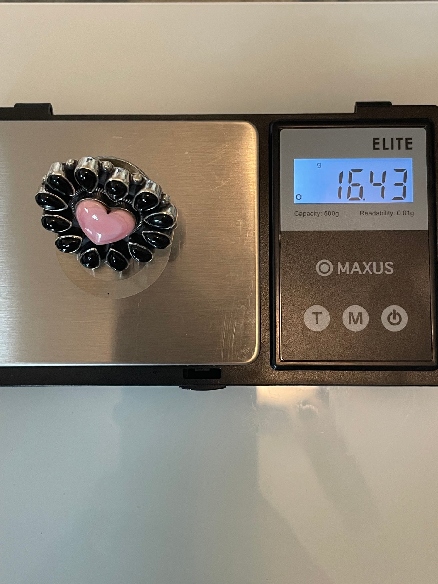 Pink Conch Heart & Black Onyx Cluster Ring | Sterling Silver | Size 7 G338