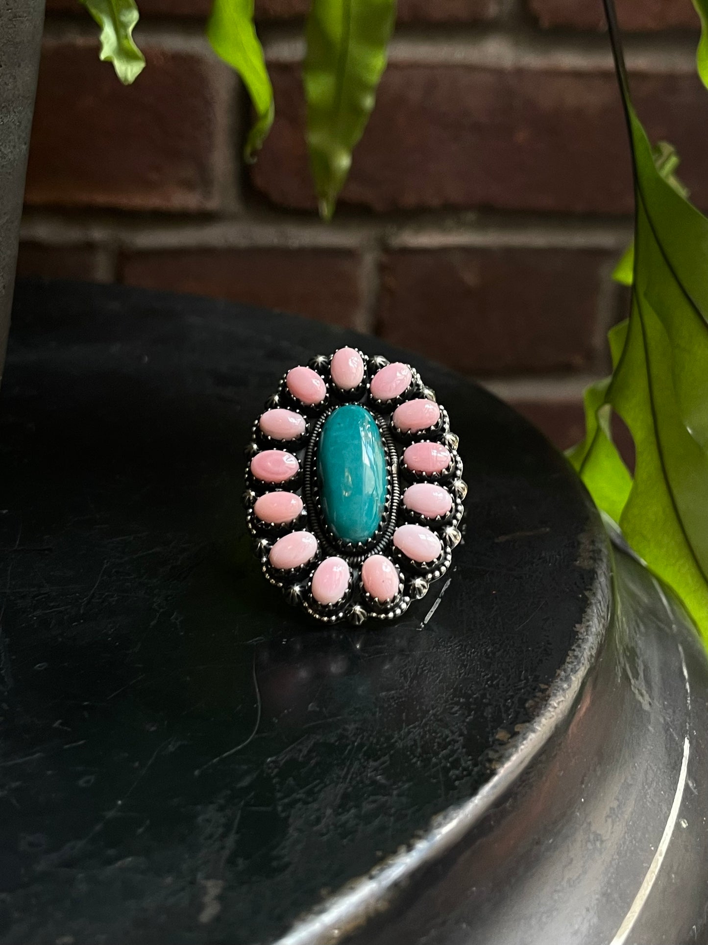 Pink Conch Turquoise Flower Ring | Sterling Silver 925 Size 7 C740