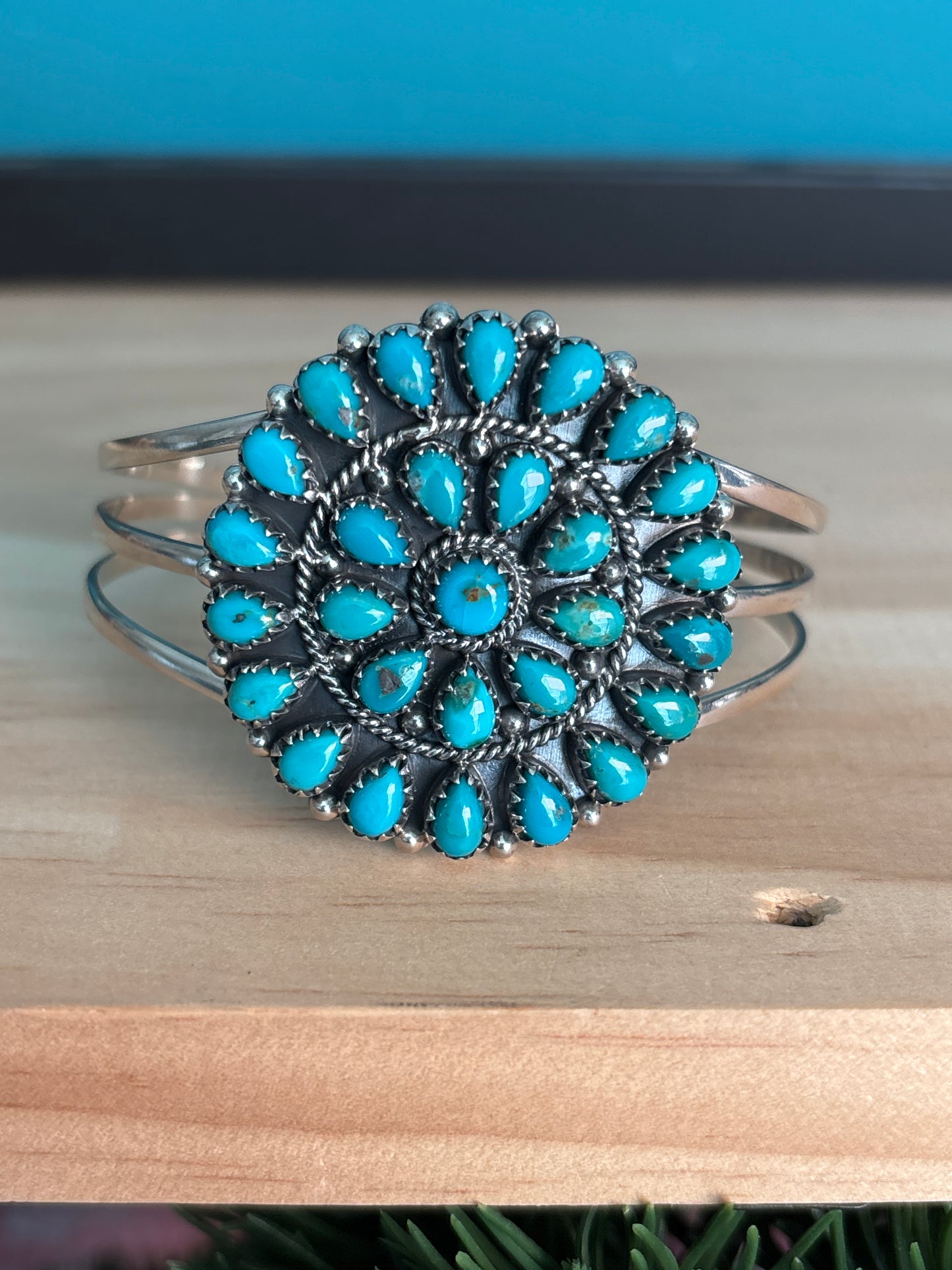 Kingman Turquoise Cluster Cuff Bracelet | 925 Sterling Silver