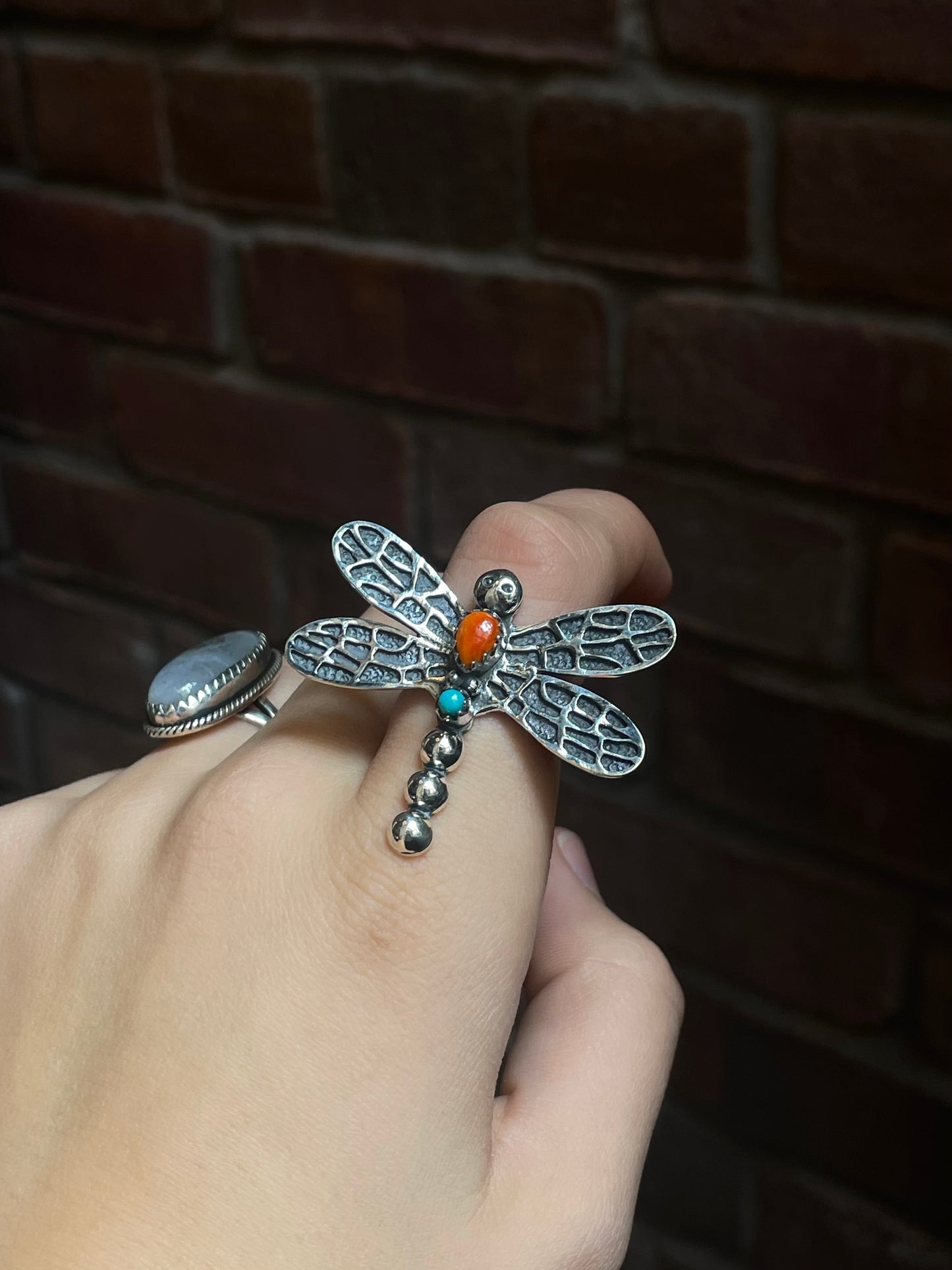 Spiny Oyster & Turquoise Dragonfly Ring | Sterling Silver 925 | Size 7.25 C693