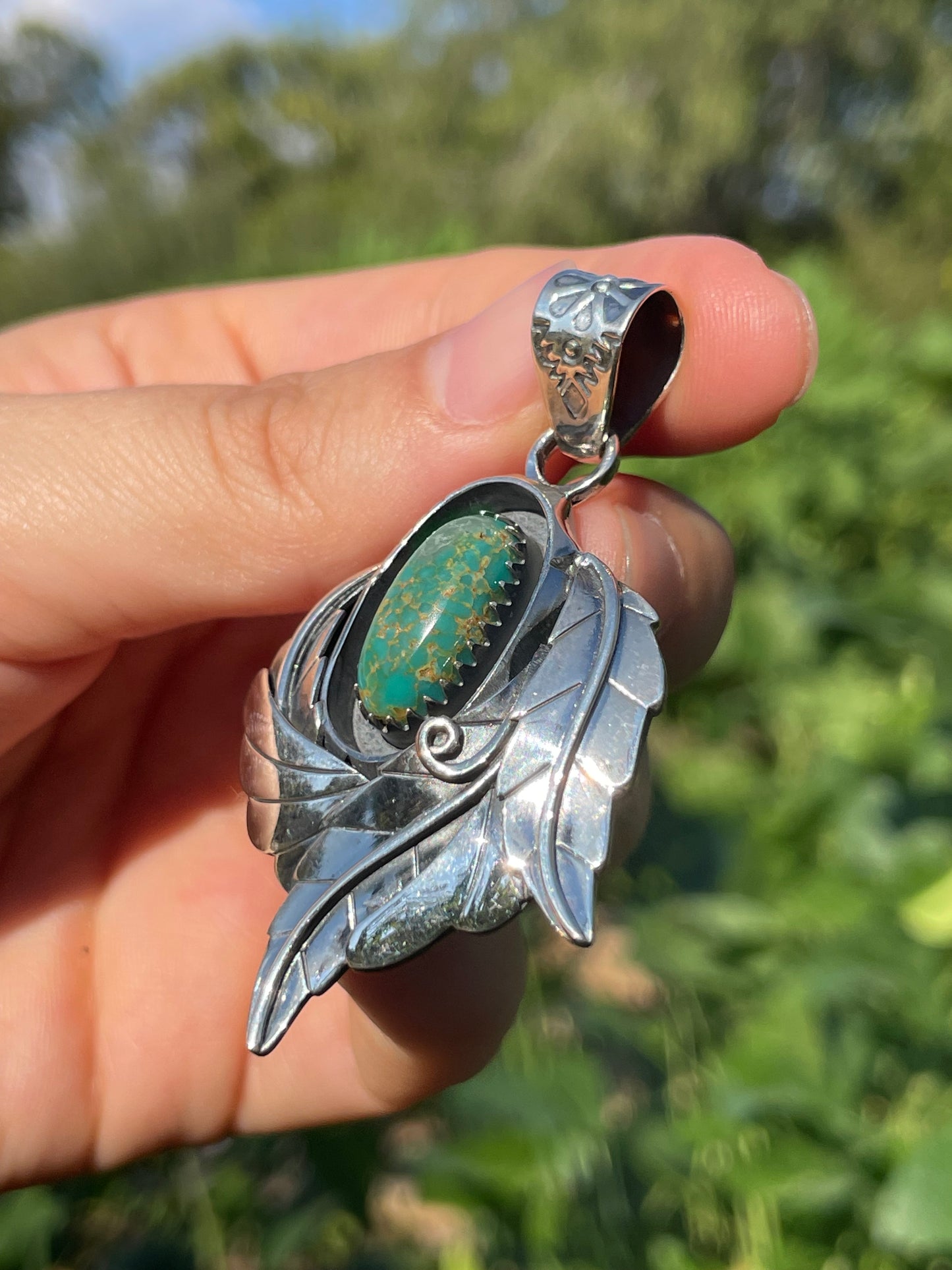 Turquoise Feather Pendant | 925 Sterling Silver Y37