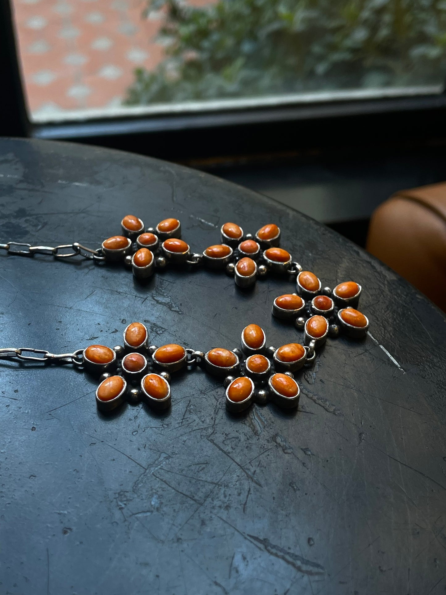 Orange Spiny Oyster Flower Cluster Necklace | 925 Sterling Silver E598