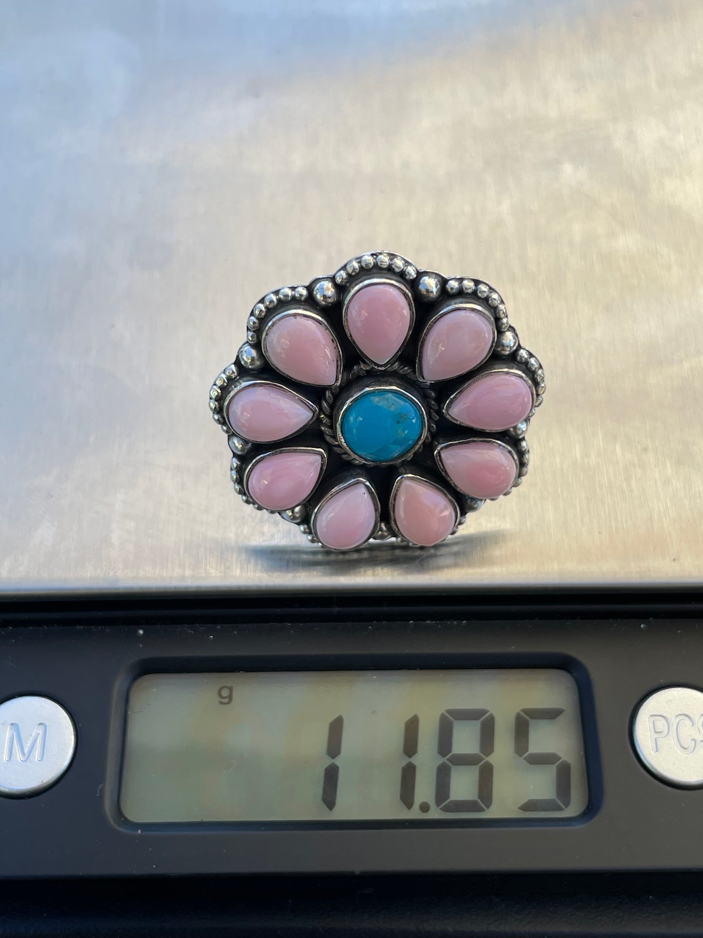 Pink Conch and Turquoise Flower Ring | 925 Sterling Silver Size 7.75 B329