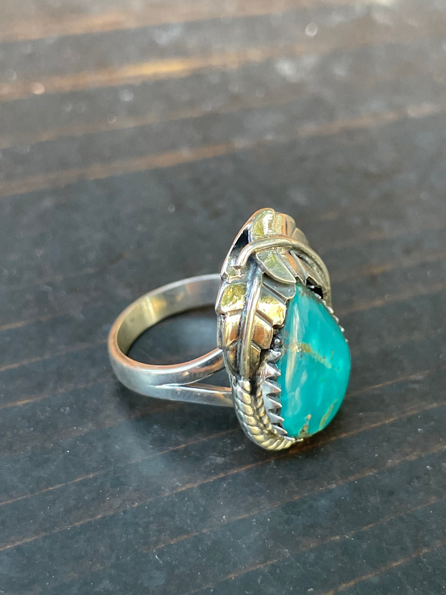 Chrysocolla Teardrop Leaf Ring | 925 Sterling Silver | Size 7 B243