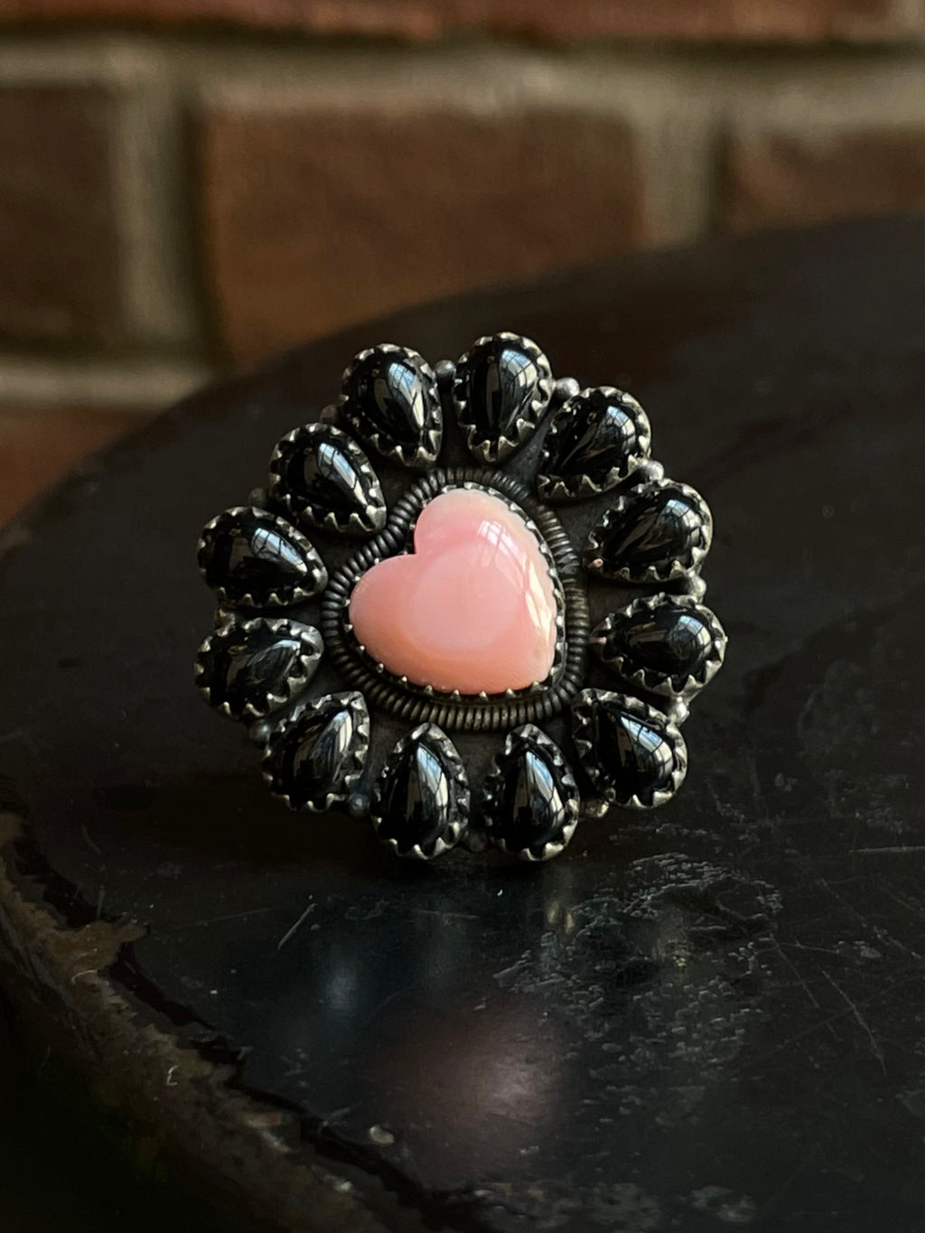 Black Onyx & Pink Conch Flower Ring | 925 Sterling Silver Size 7 G567