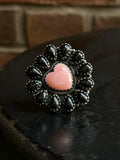 Black Onyx & Pink Conch Flower Ring | 925 Sterling Silver Size 7 G567