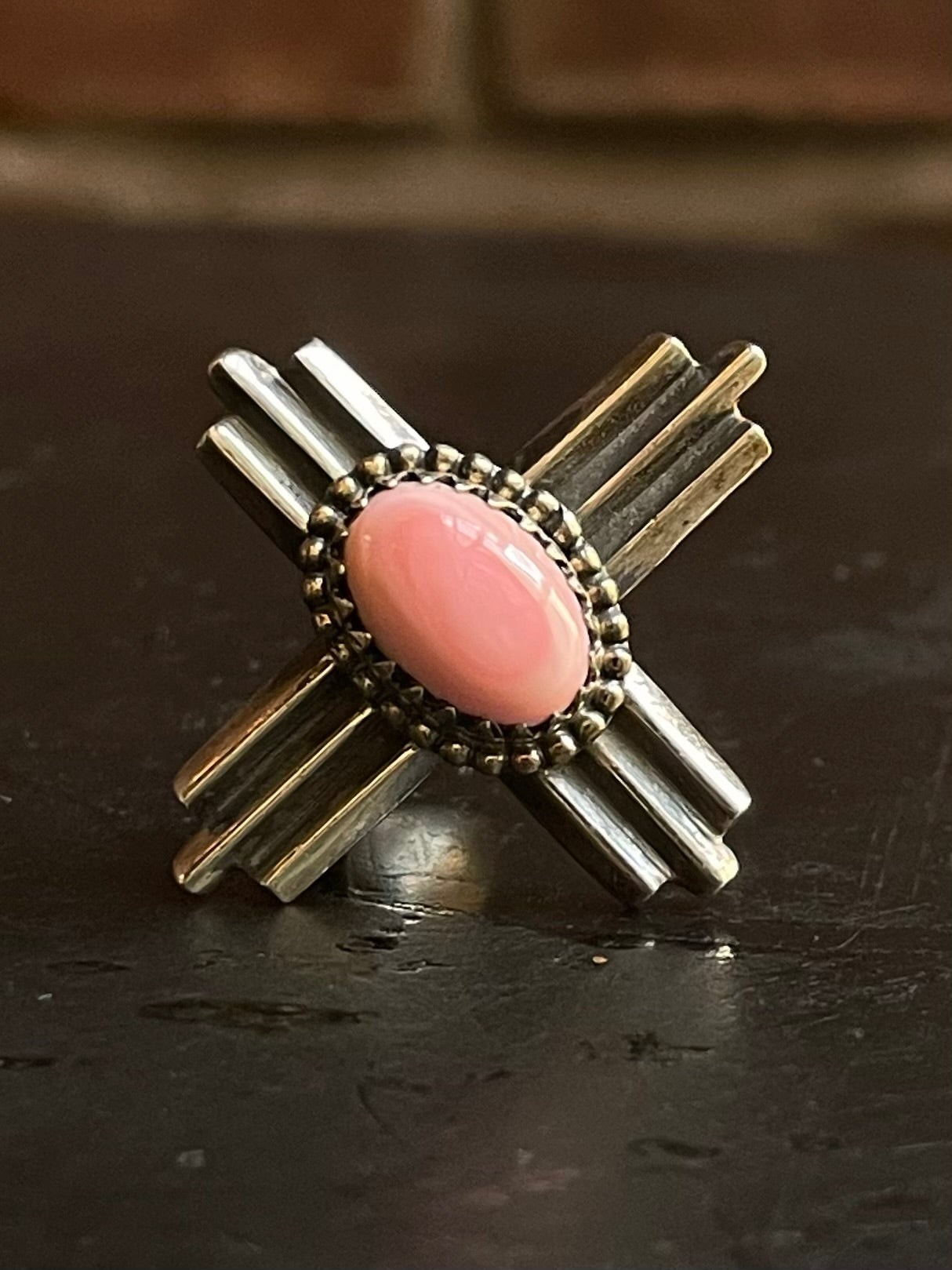 Pink Conch Zia Cross Ring Size 8 | 925 Sterling Silver E995