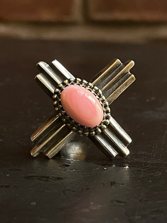 Pink Conch Zia Cross Ring Size 8 | 925 Sterling Silver E995