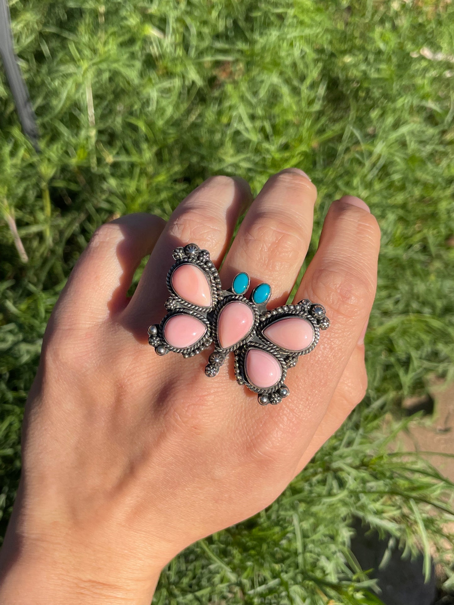 Pink Conch & Turquoise Butterfly Ring | 925 Sterling Silver | Size 7 B907