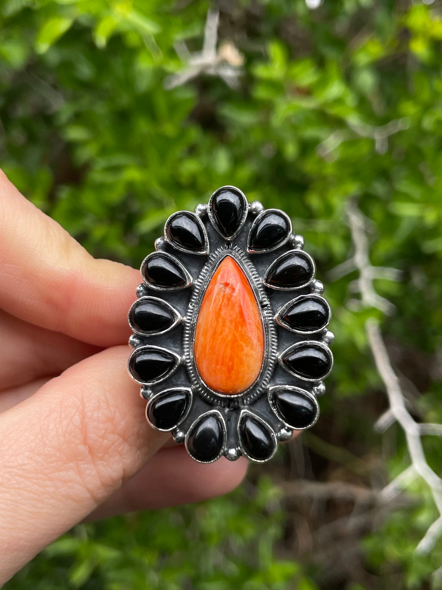 Spiny Oyster Black Onyx Flower Ring Size 7 | 925 Sterling Silver B640