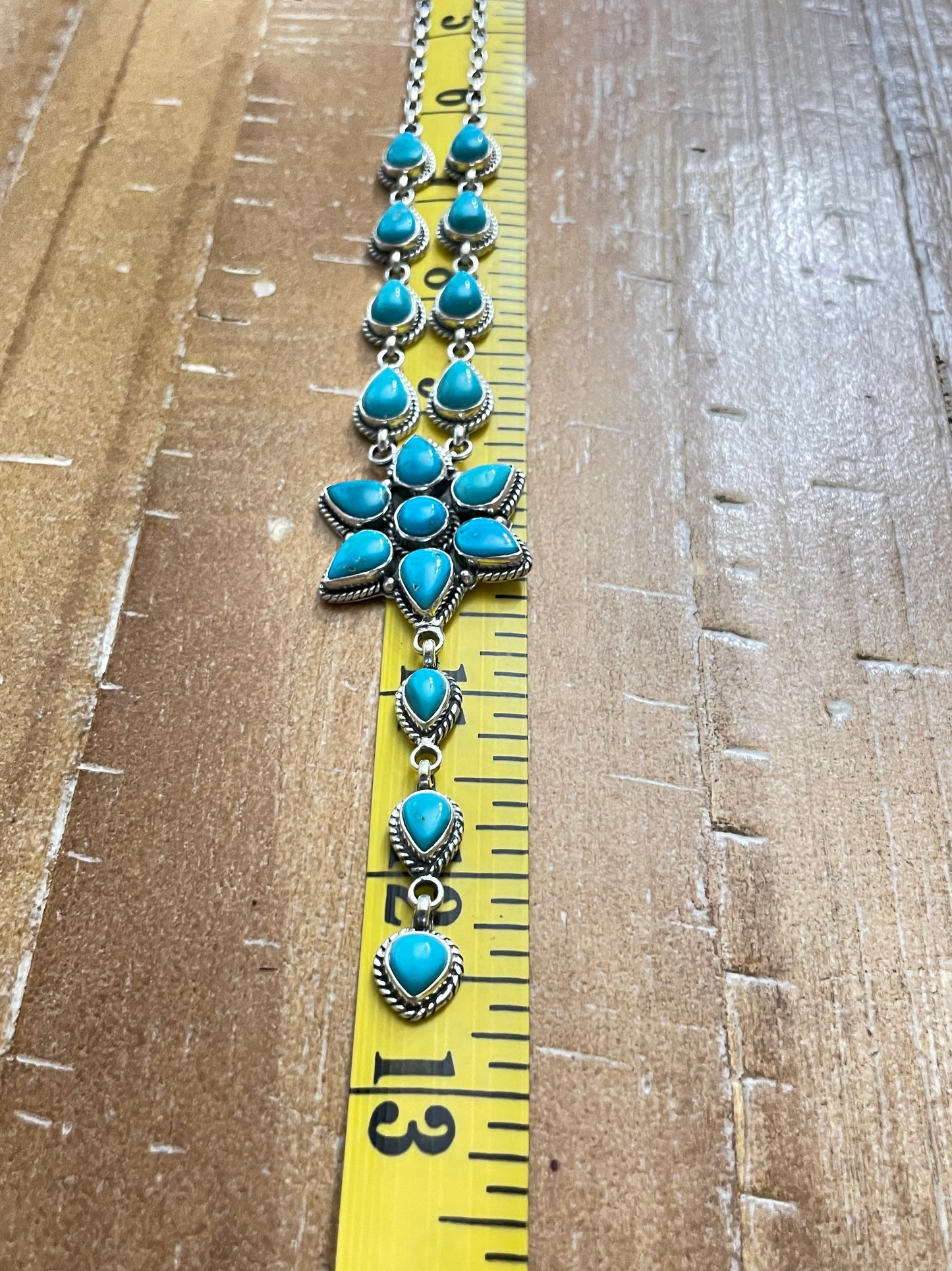 Kingman Turquoise Blossom Necklace | Cascading Starburst Drop | Sterling Silver B877
