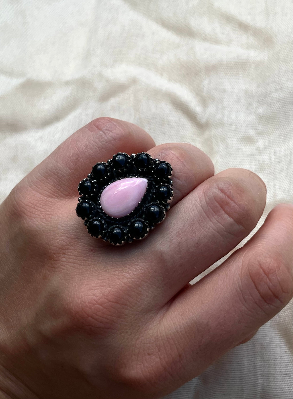 Pink Conch Teardrop Ring | Black Onyx | 925 Sterling Silver | Size 6 E289