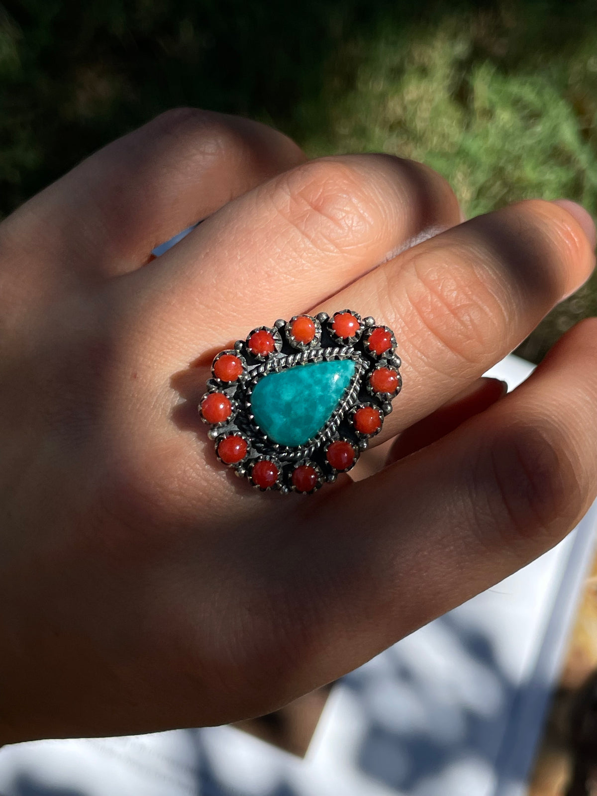 Turquoise & Italian Coral Cluster Ring | 925 Sterling Silver | Size 7.25 D340