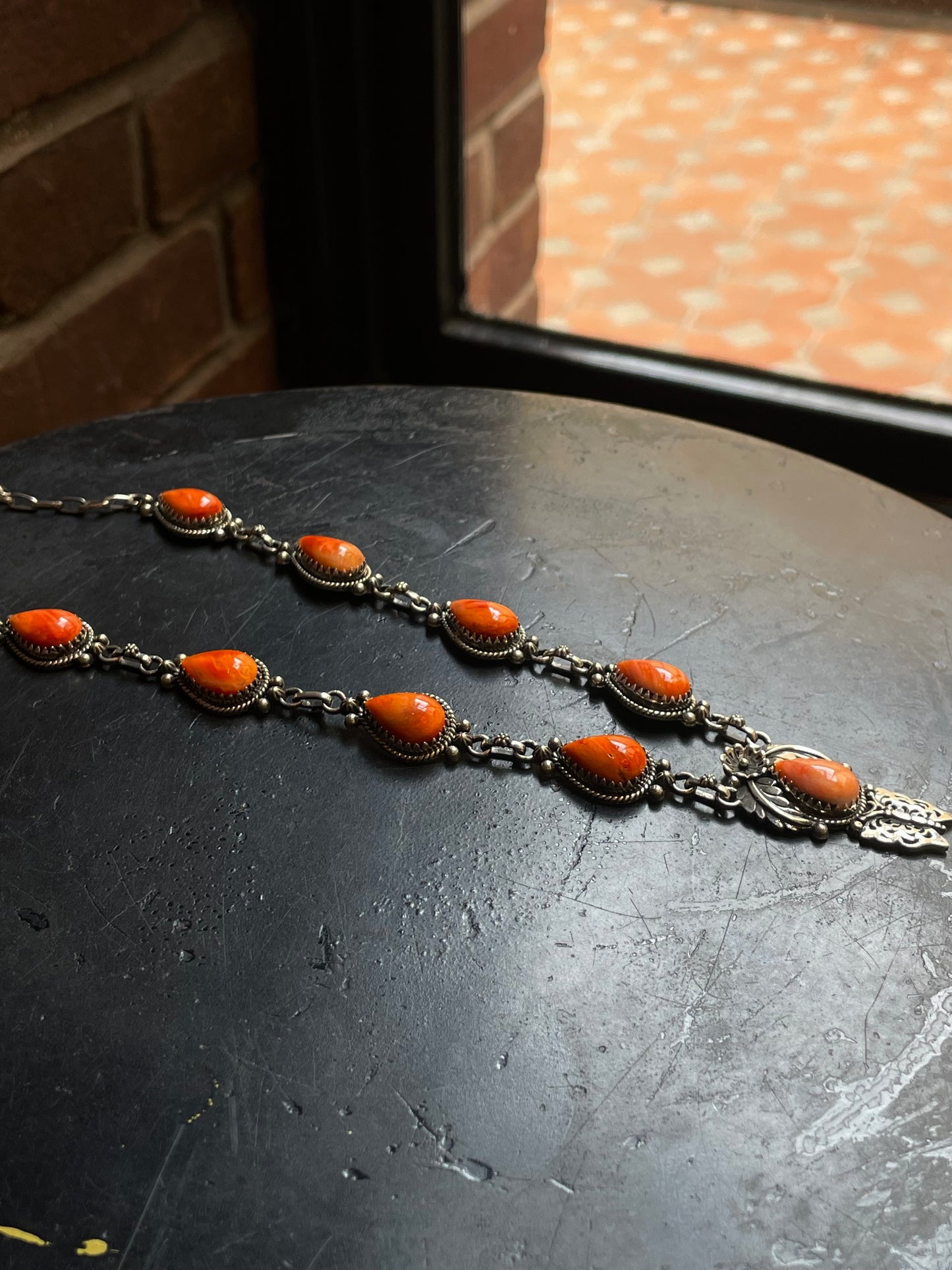 Orange Spiny Oyster Lariat Necklace | Floral Drop with Butterfly | 925 Sterling Silver E595