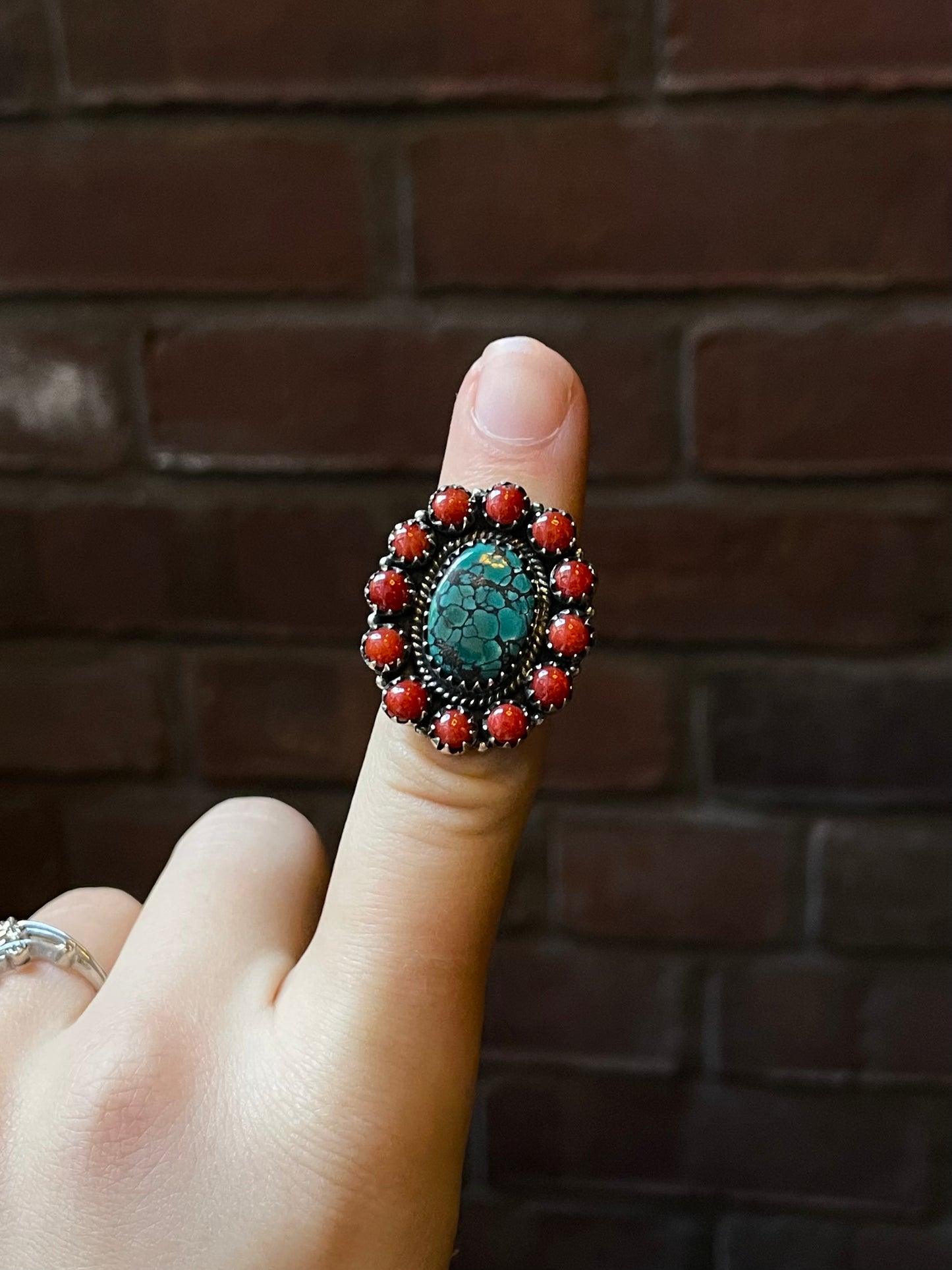 Kingman Turquoise Coral Cluster Ring | Sterling Silver | Size 6 | A195