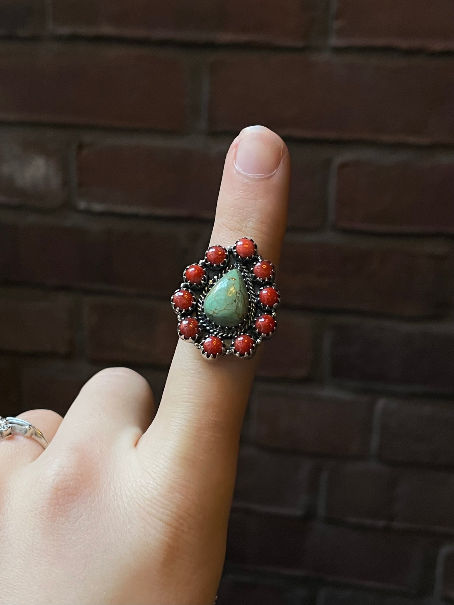 Kingman Turquoise Coral Cluster Ring | Sterling Silver | Size 8 | A169