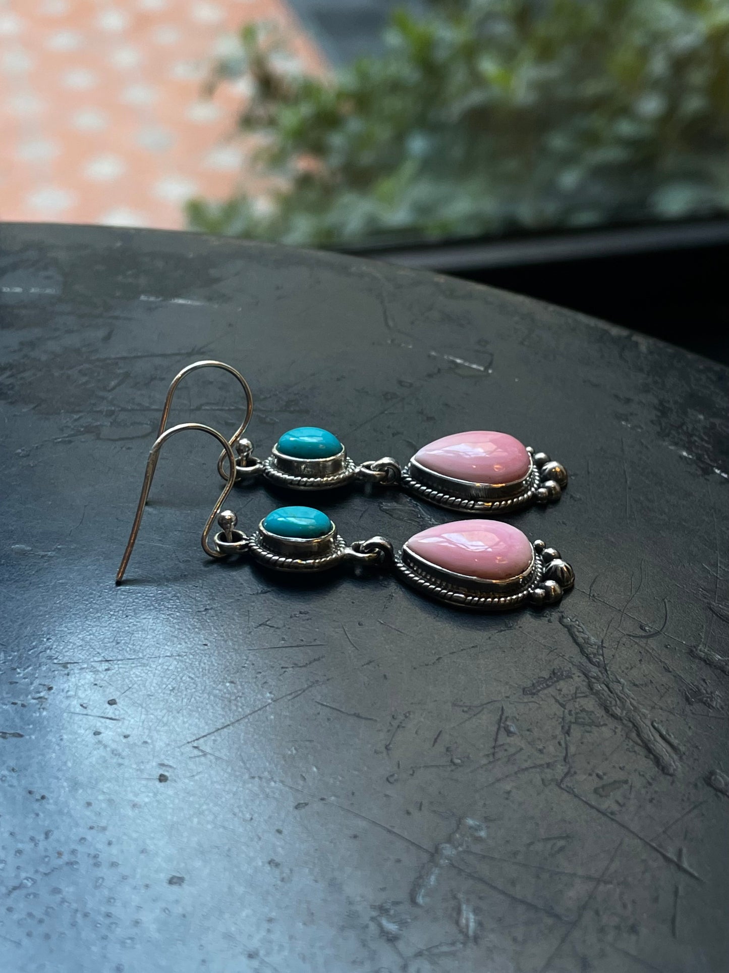 Pink Conch Kingman Turquoise Earrings | Teardrop Drop Hook E668