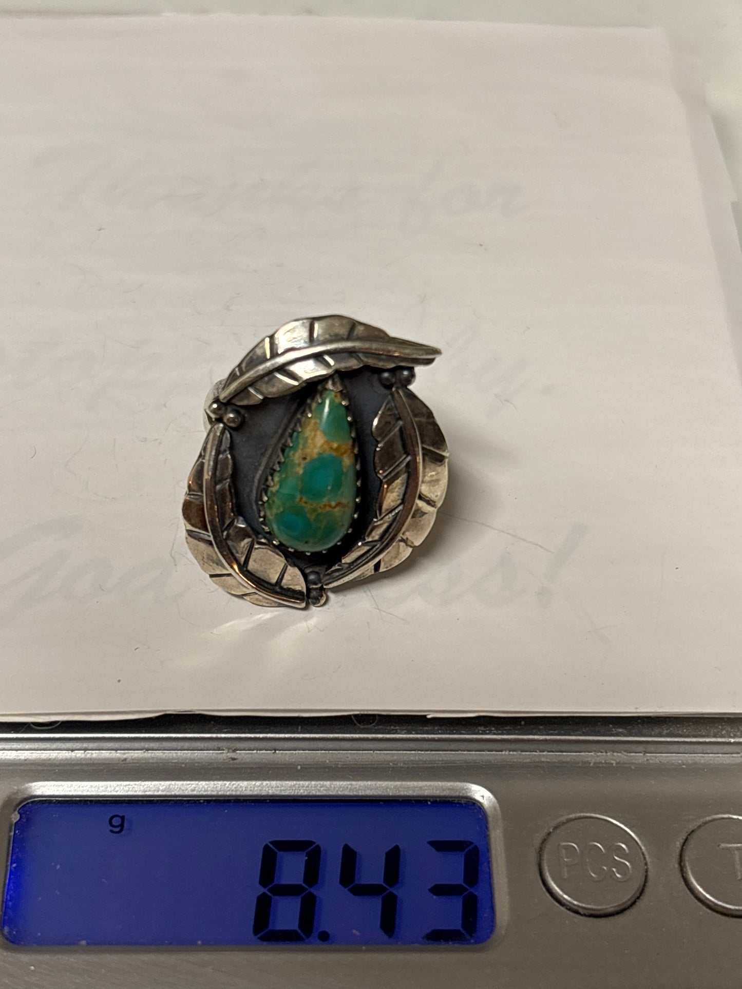 Turquoise Feather Ring Size 7.75 | 925 Sterling Silver C878