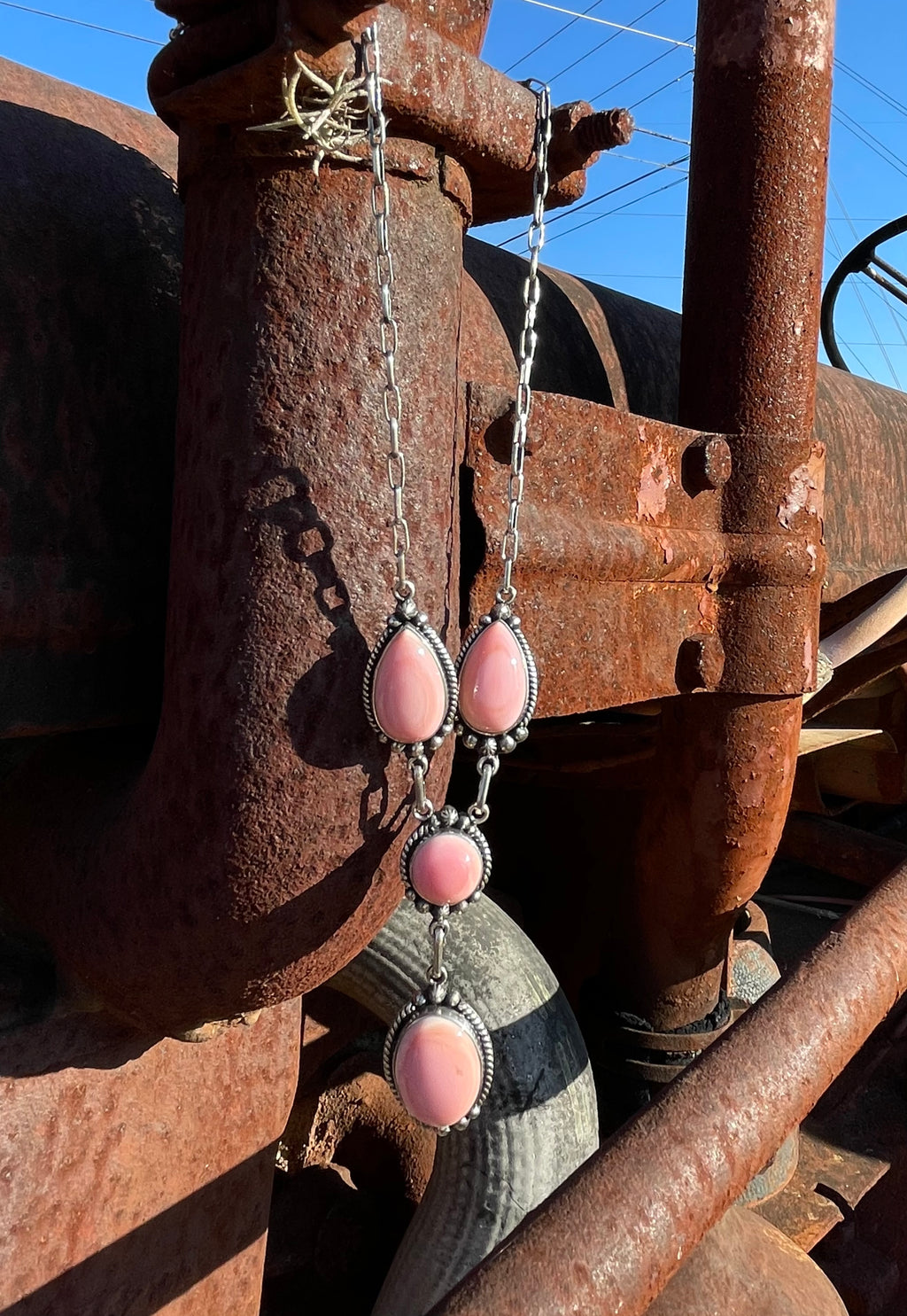 Pink Conch Lariat Necklace | Graduated Oval Stations | 925 Silver E574