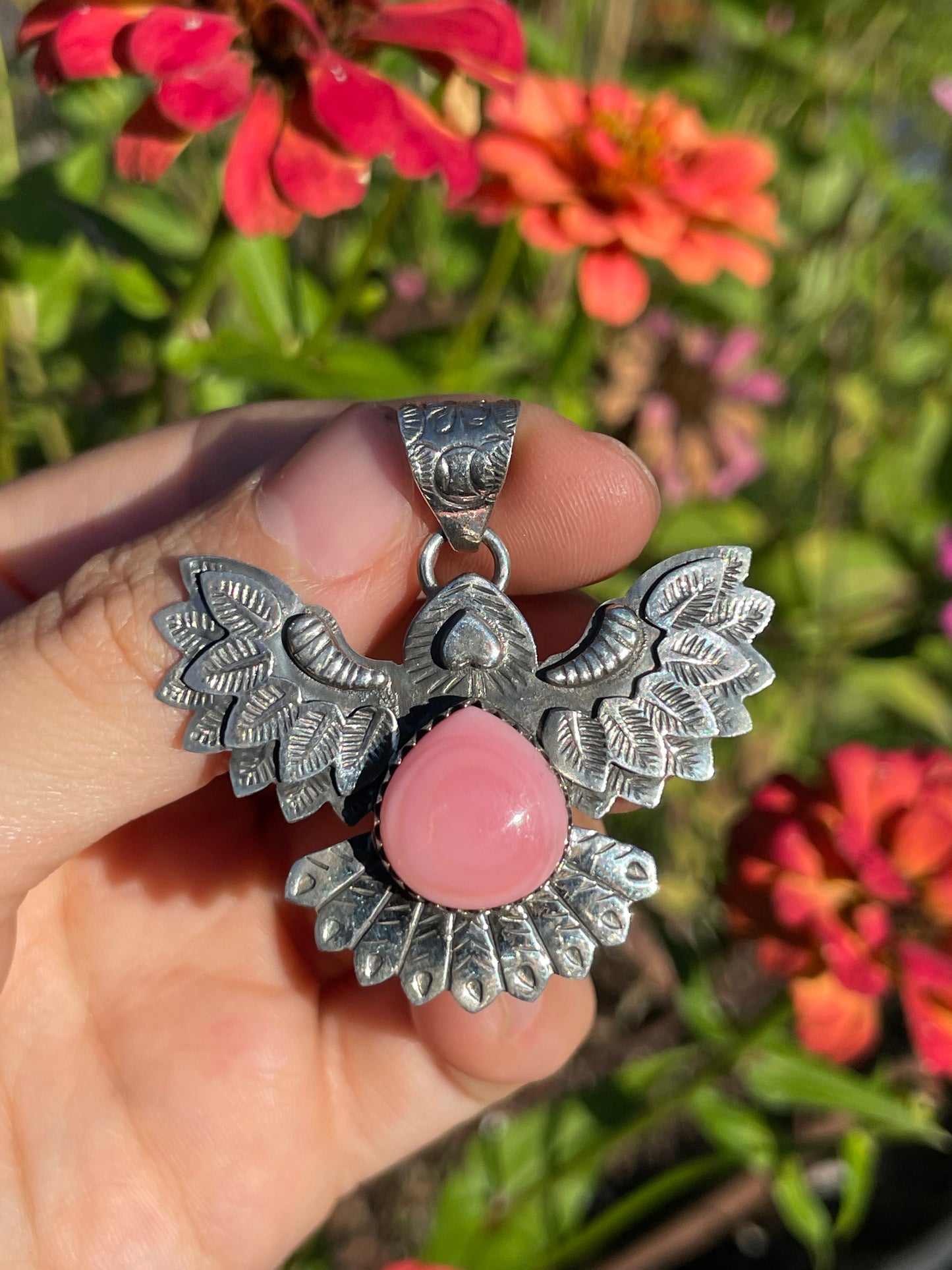 Pink Conch Thunderbird Pendant | Handcrafted Sterling Silver 925 B483