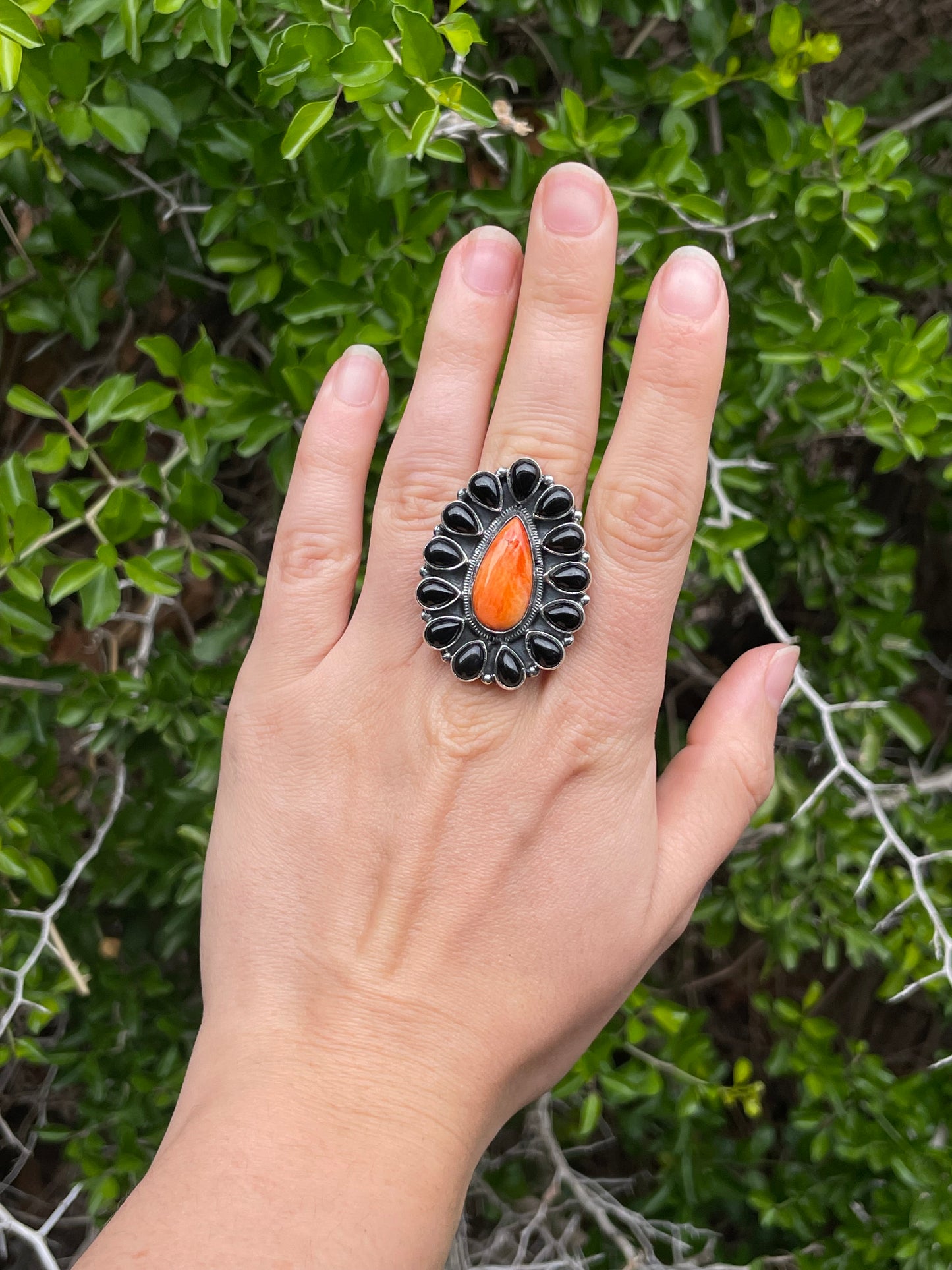 Spiny Oyster Black Onyx Flower Ring Size 7 | 925 Sterling Silver B640