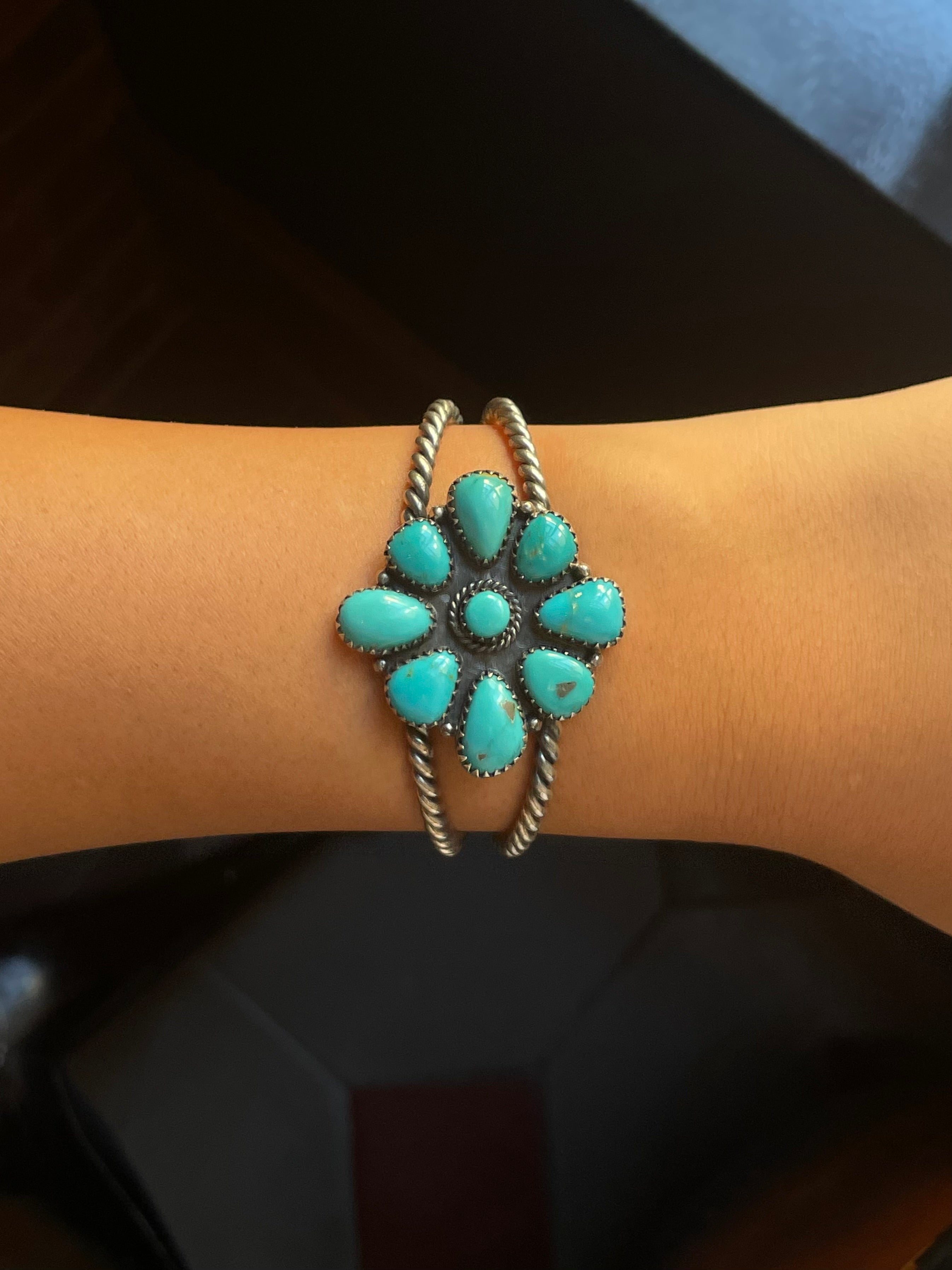 Kingman Turquoise Flower Cuff Bracelet | 925 Sterling Silver G677