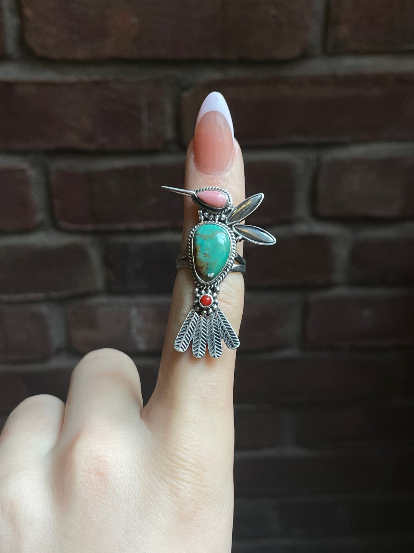 Kingman Turquoise, Pink Conch & Coral Hummingbird Ring Size 6 | 925 Sterling Silver E776