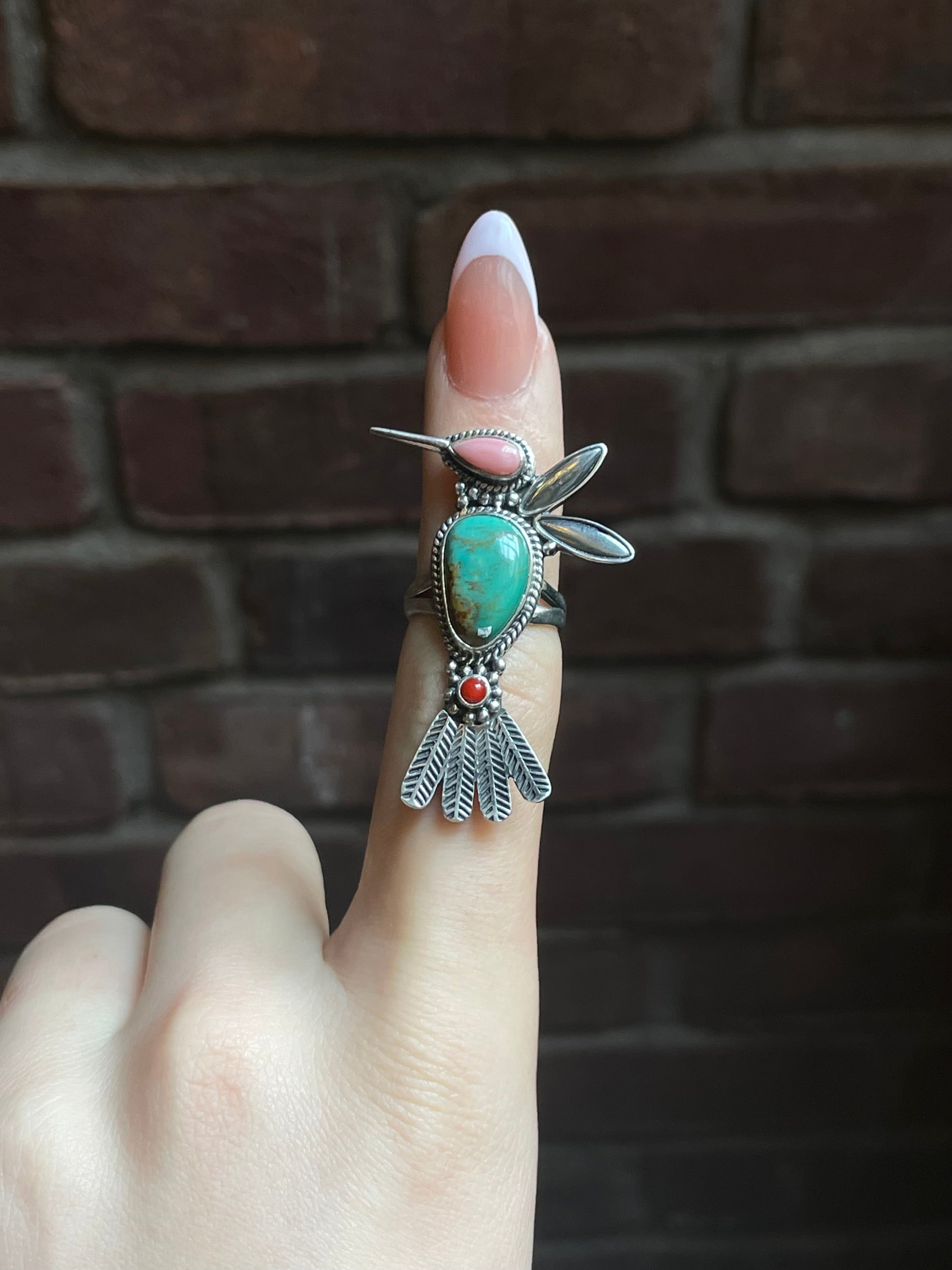 Kingman Turquoise, Pink Conch & Coral Hummingbird Ring Size 6 | 925 Sterling Silver E776
