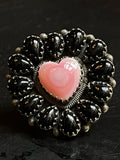 Pink Conch Heart & Black Onyx Cluster Ring | Sterling Silver | Size 7 G338