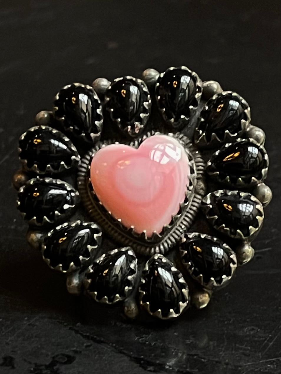 Pink Conch Heart & Black Onyx Cluster Ring | Sterling Silver | Size 7 G338