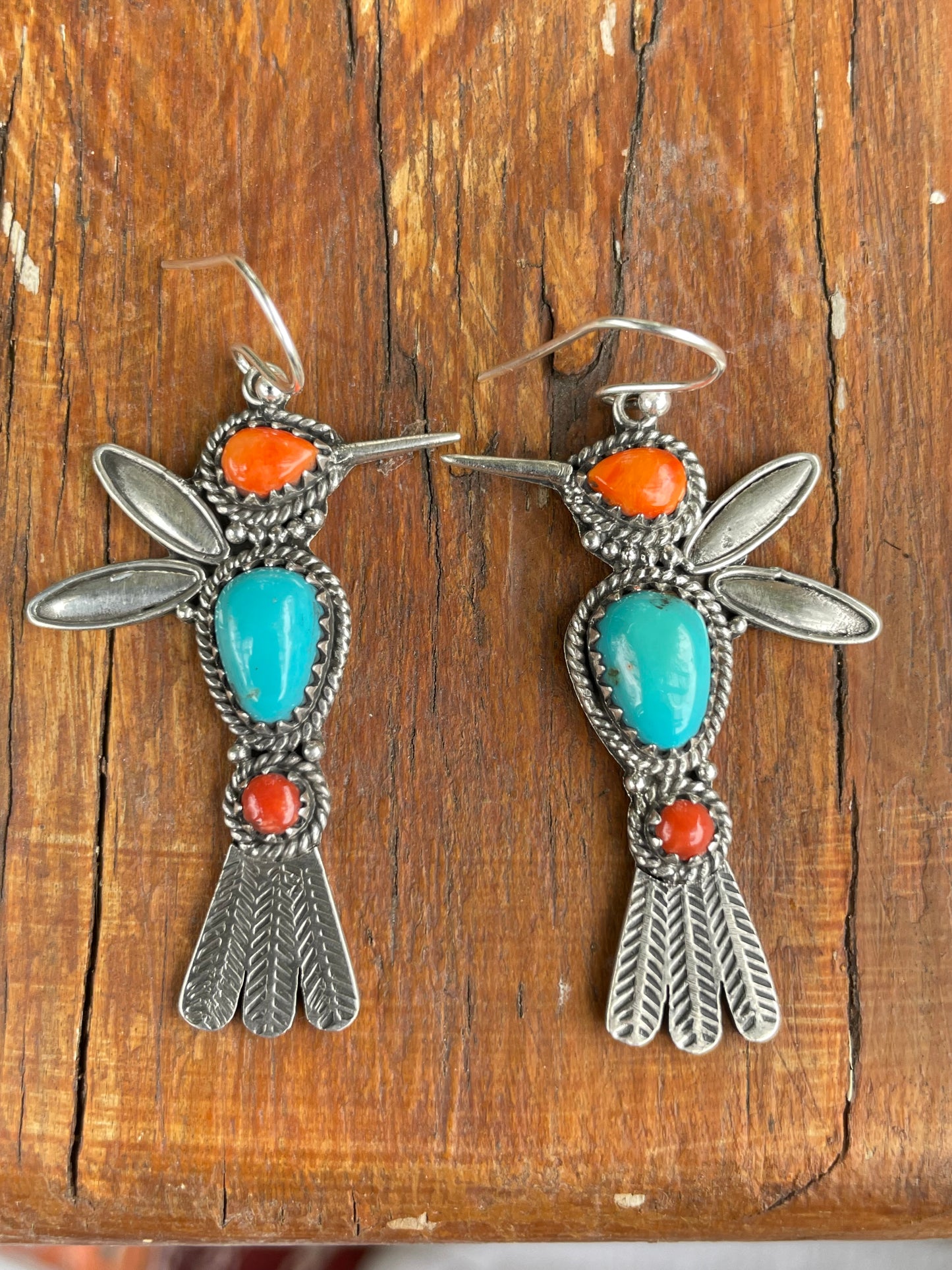 Turquoise Coral Spiny Oyster Hummingbird Earrings | Sterling Silver B952