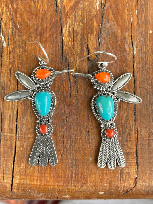 Turquoise Coral Spiny Oyster Hummingbird Earrings | Sterling Silver B952