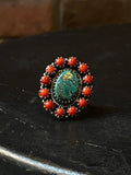 Kingman Turquoise Coral Cluster Ring | Sterling Silver | Size 6 | A195
