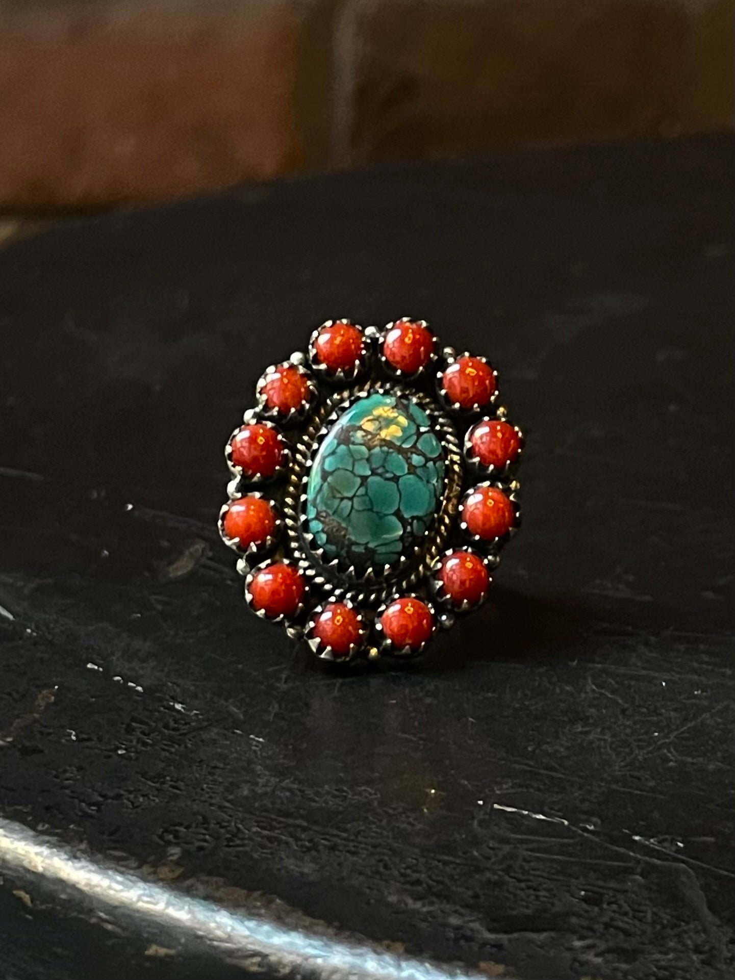 Kingman Turquoise Coral Cluster Ring | Sterling Silver | Size 6 | A195