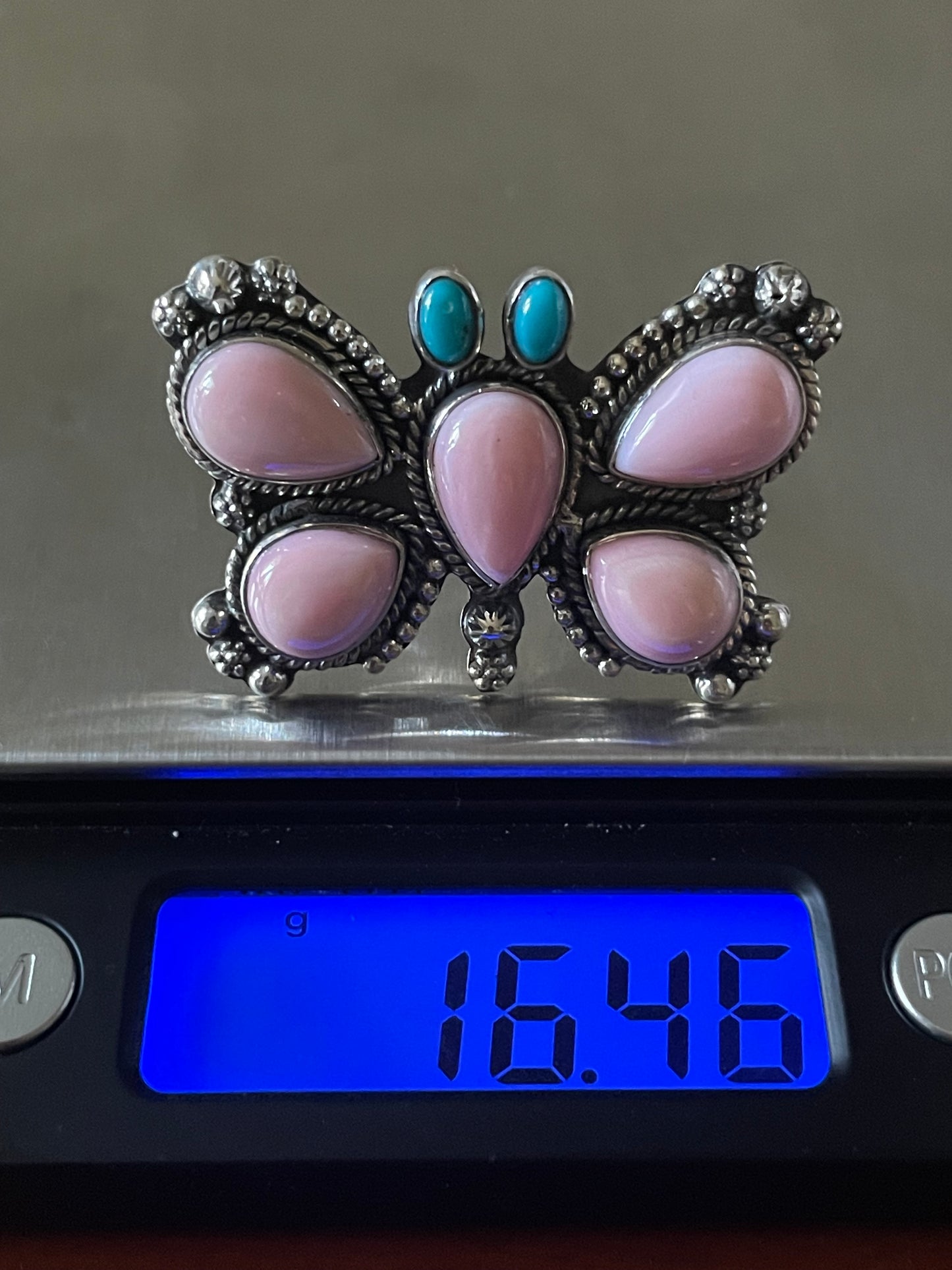 Pink Conch & Turquoise Butterfly Ring | Sterling Silver 925 | Size 6 B375