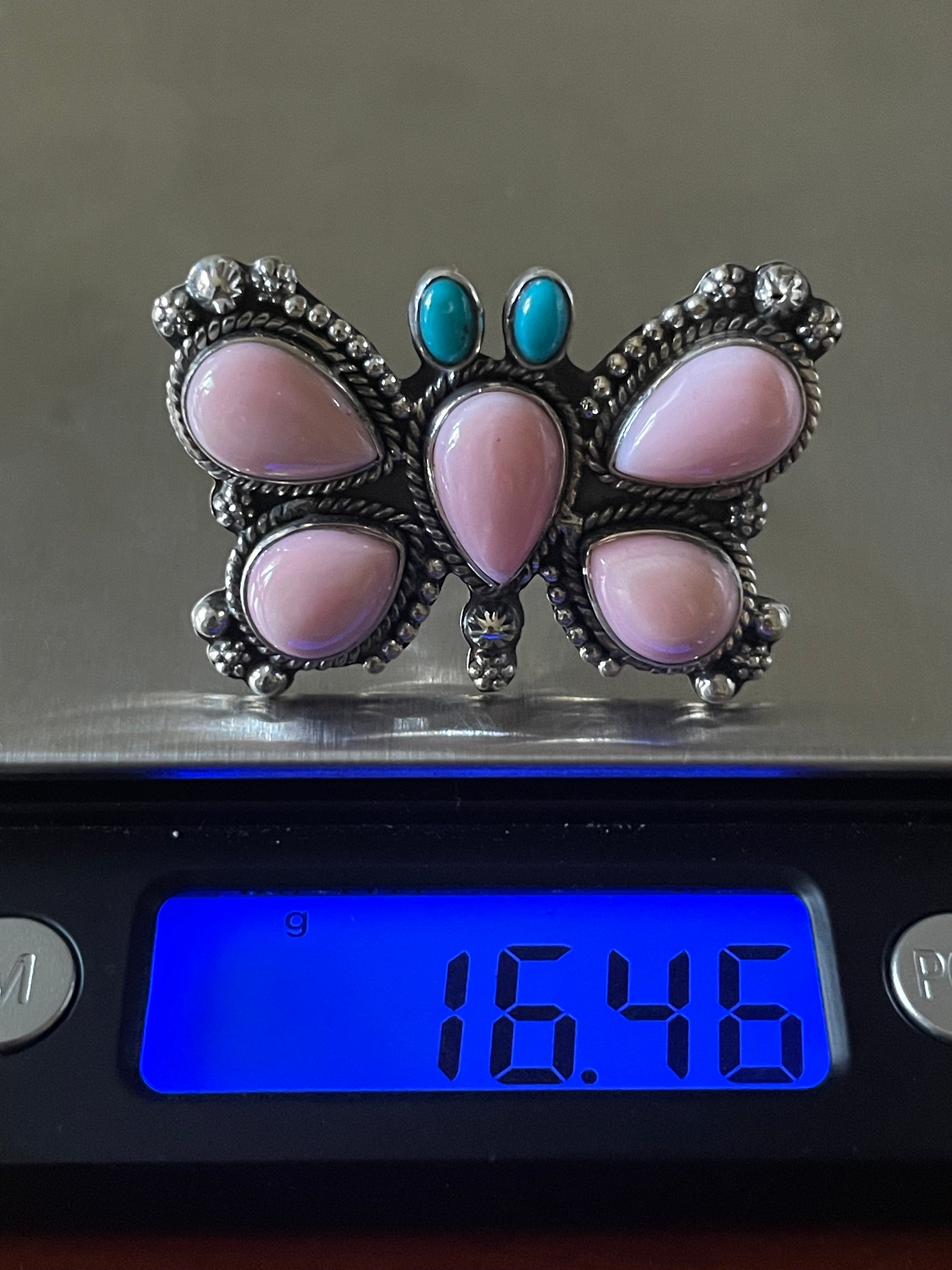 Pink Conch & Turquoise Butterfly Ring | Sterling Silver 925 | Size 6 B375