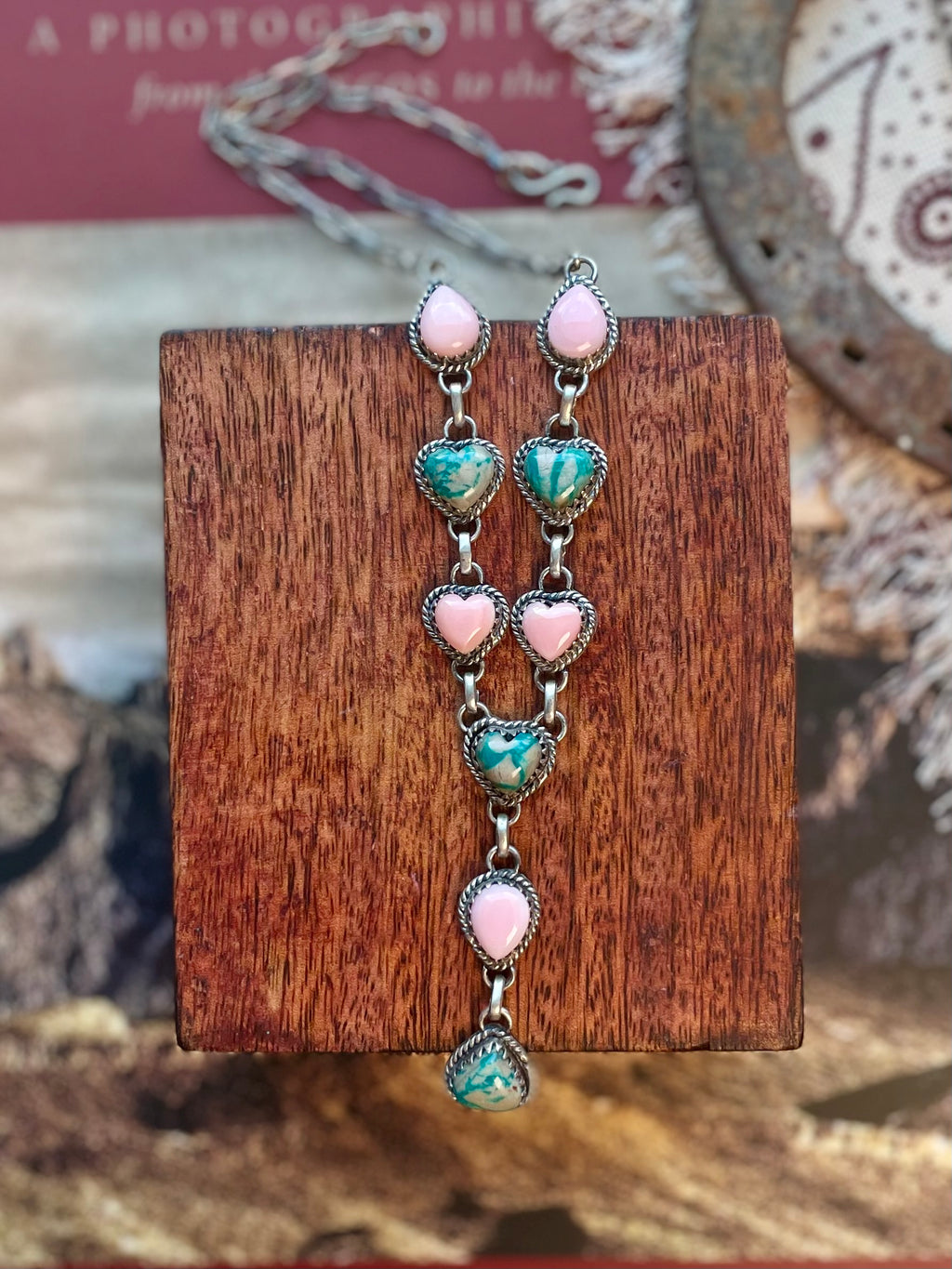 Pink Conch & Kingman Turquoise Lariat Necklace | 925 Sterling Silver D221