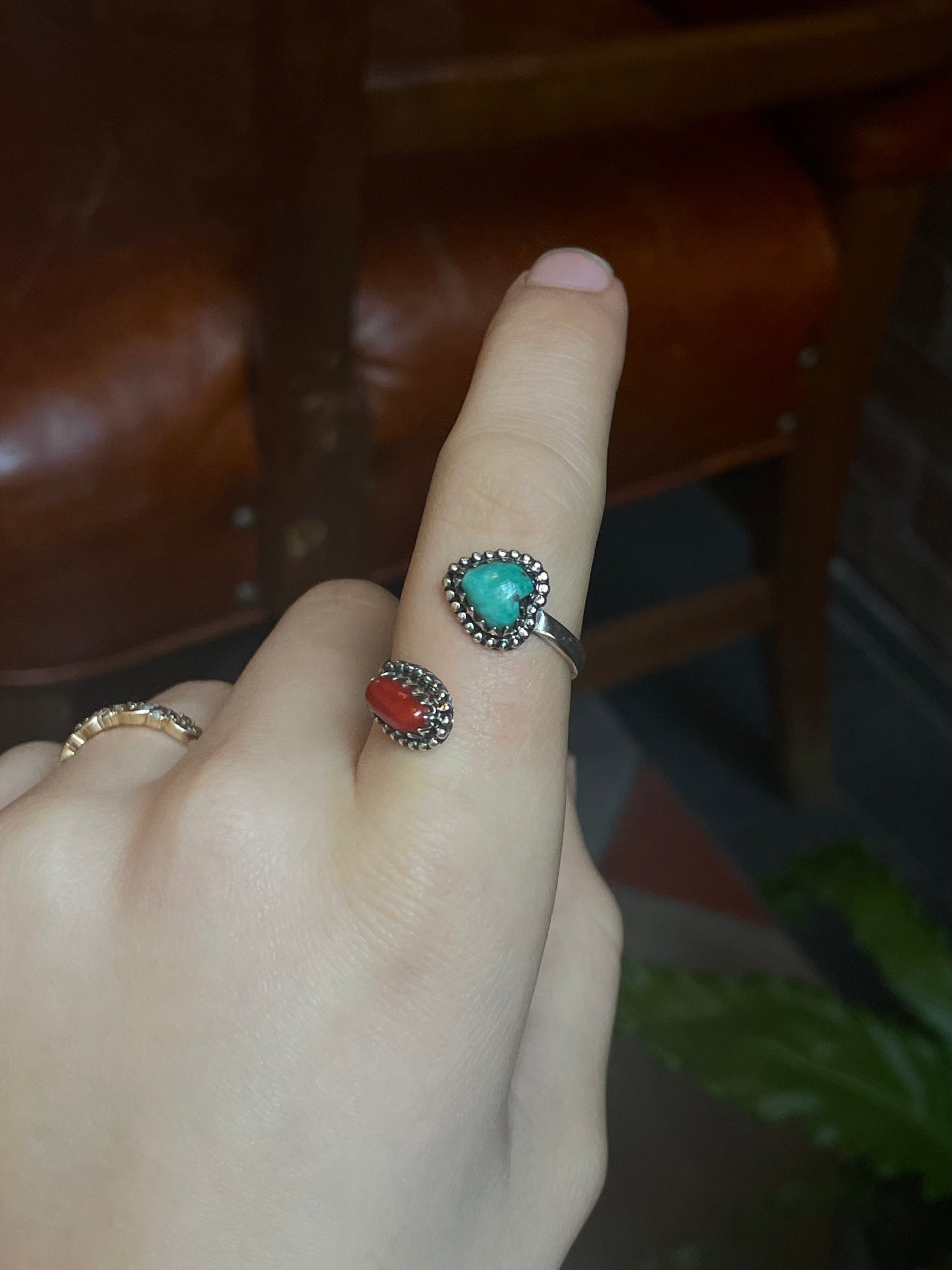 Kingman Turquoise and Red Coral Bypass Ring Size 6 | 925 Sterling Silver E487