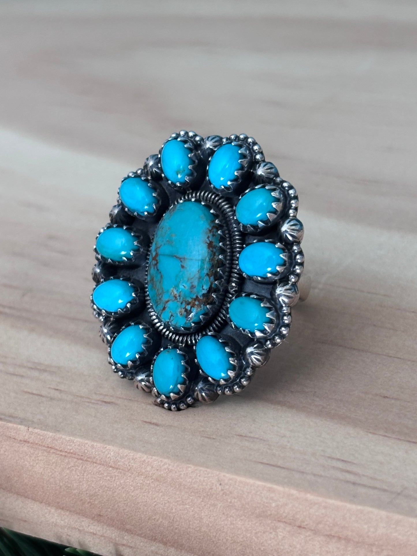 Kingman Turquoise Cluster Ring Size 8 | 925 Sterling Silver