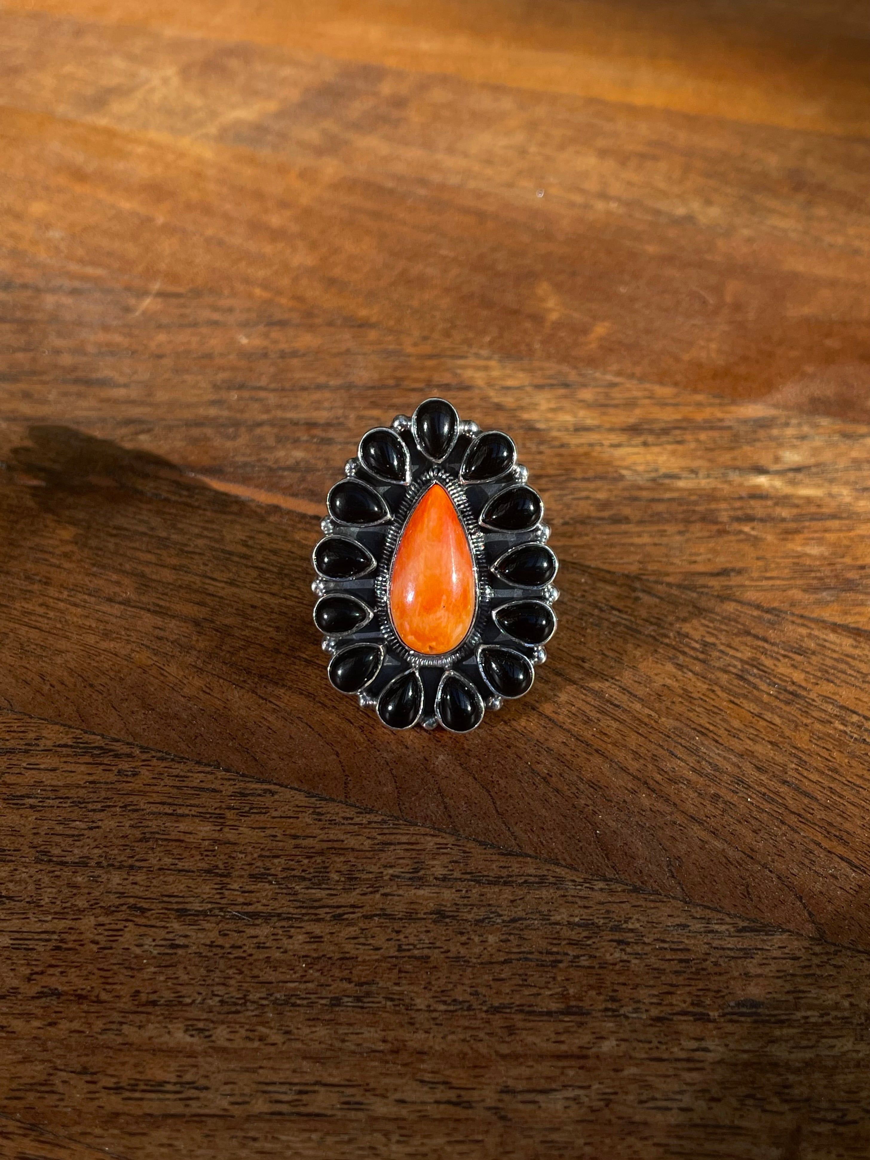 Black Onyx and Spiny Oyster Ring | Sterling Silver 925 | Size 8 C800