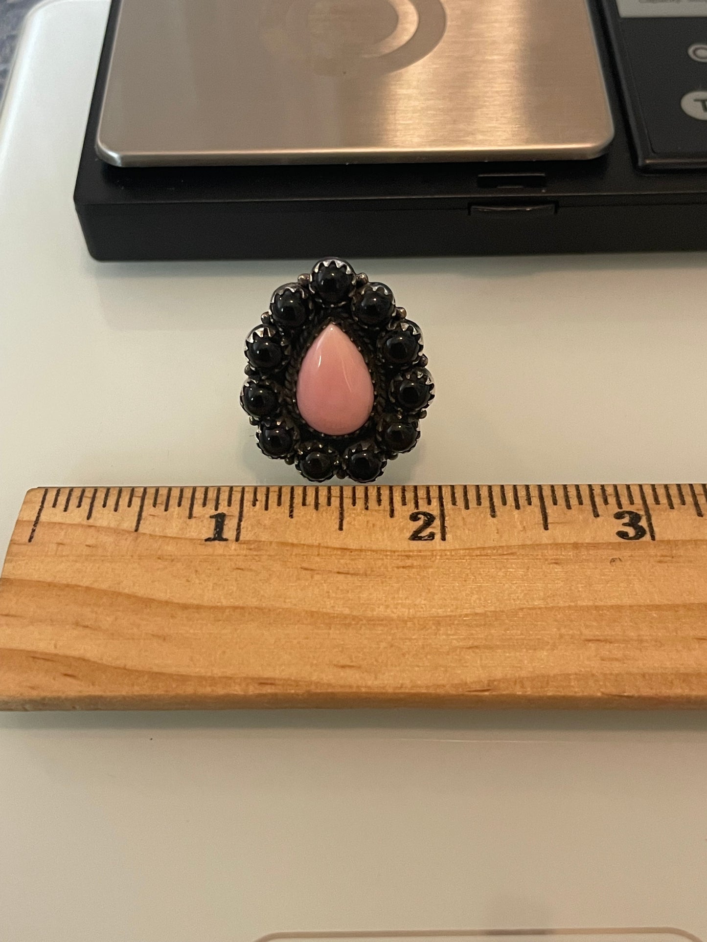 Pink Conch & Black Onyx Cluster Ring | Sterling Silver | Size 8 G341