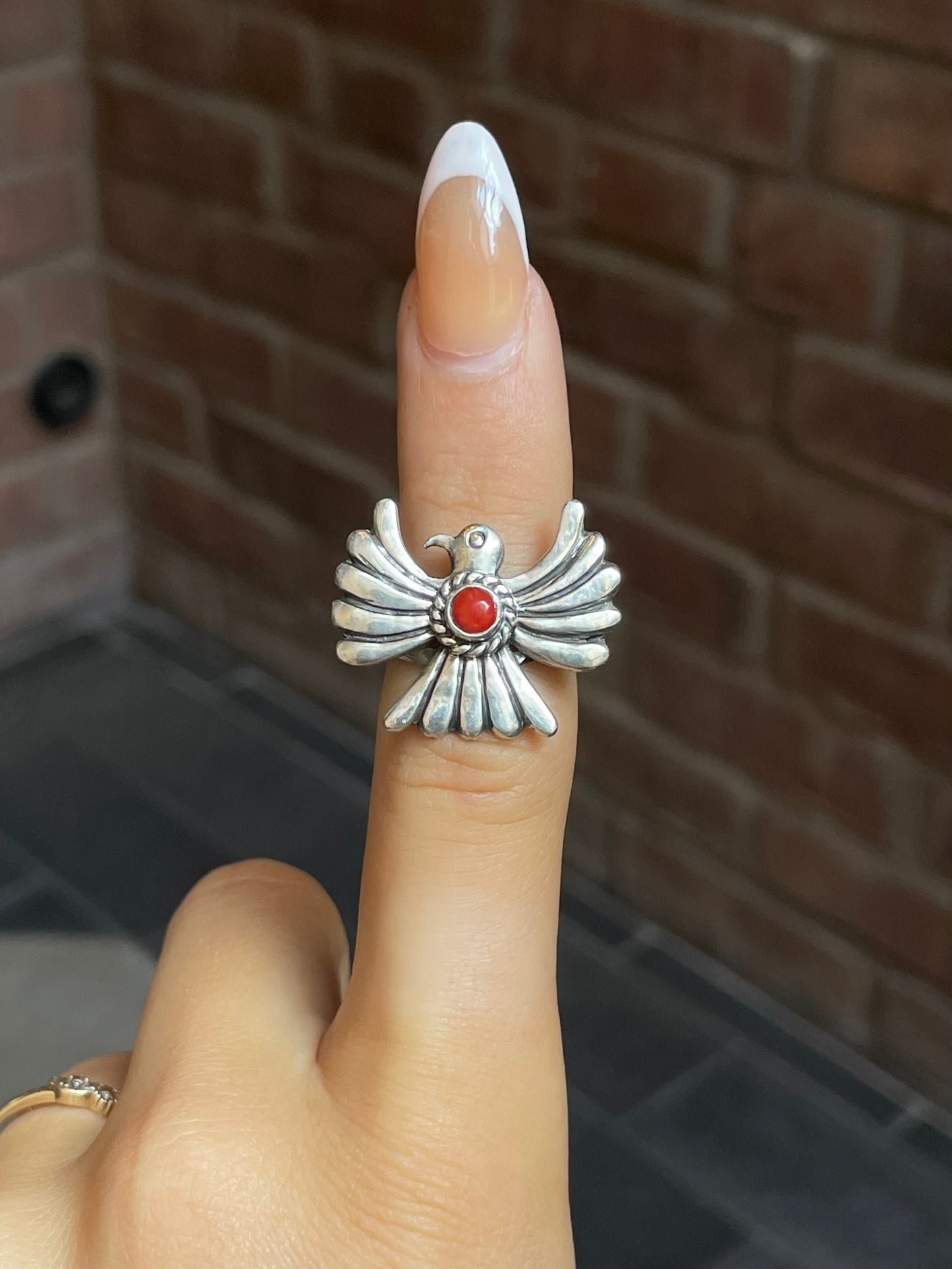 Italian Coral Thunderbird Ring Size 7 | Sterling Silver E843