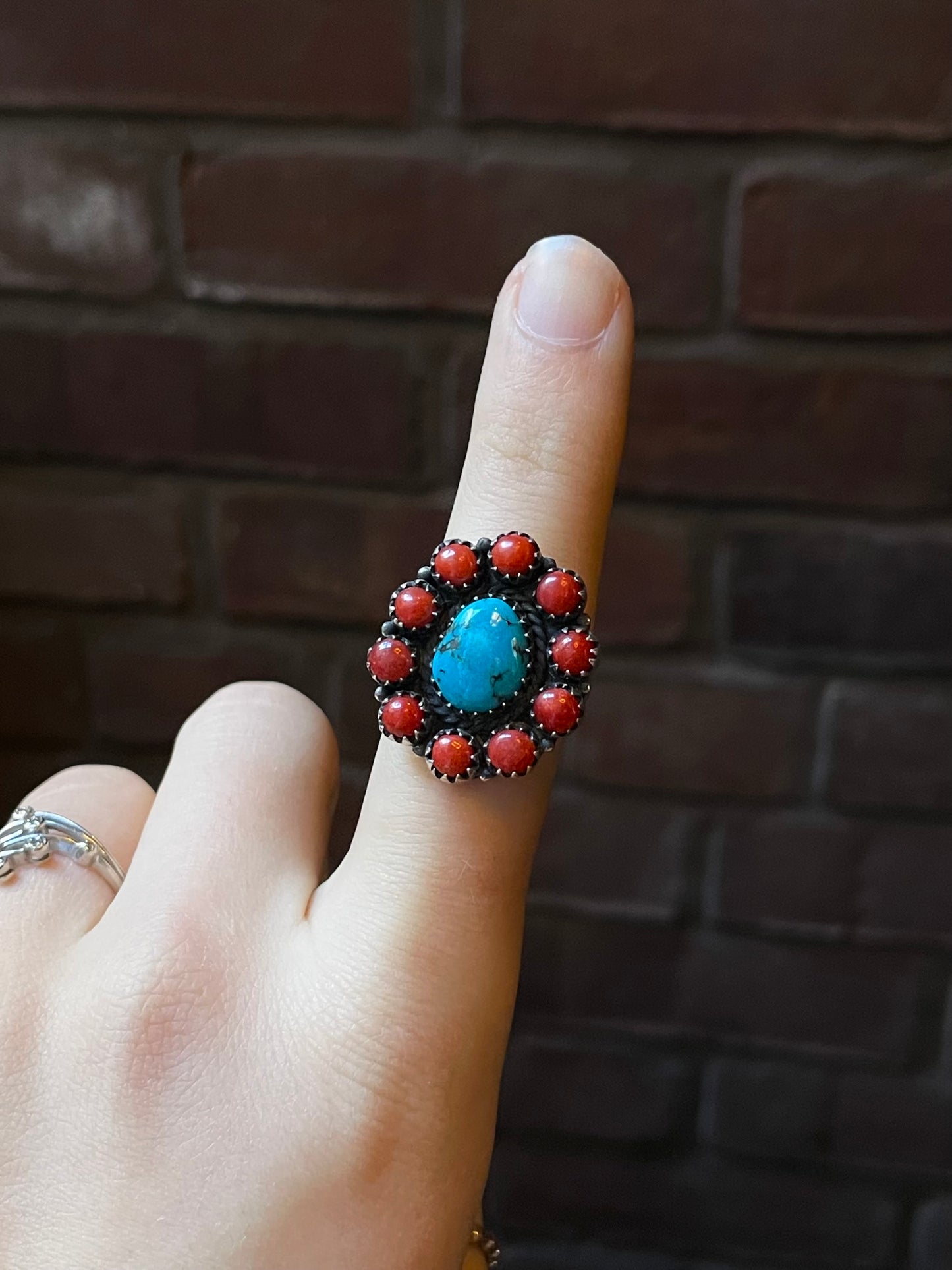 Kingman Turquoise Coral Cluster Ring | Sterling Silver | Size 9 | A171
