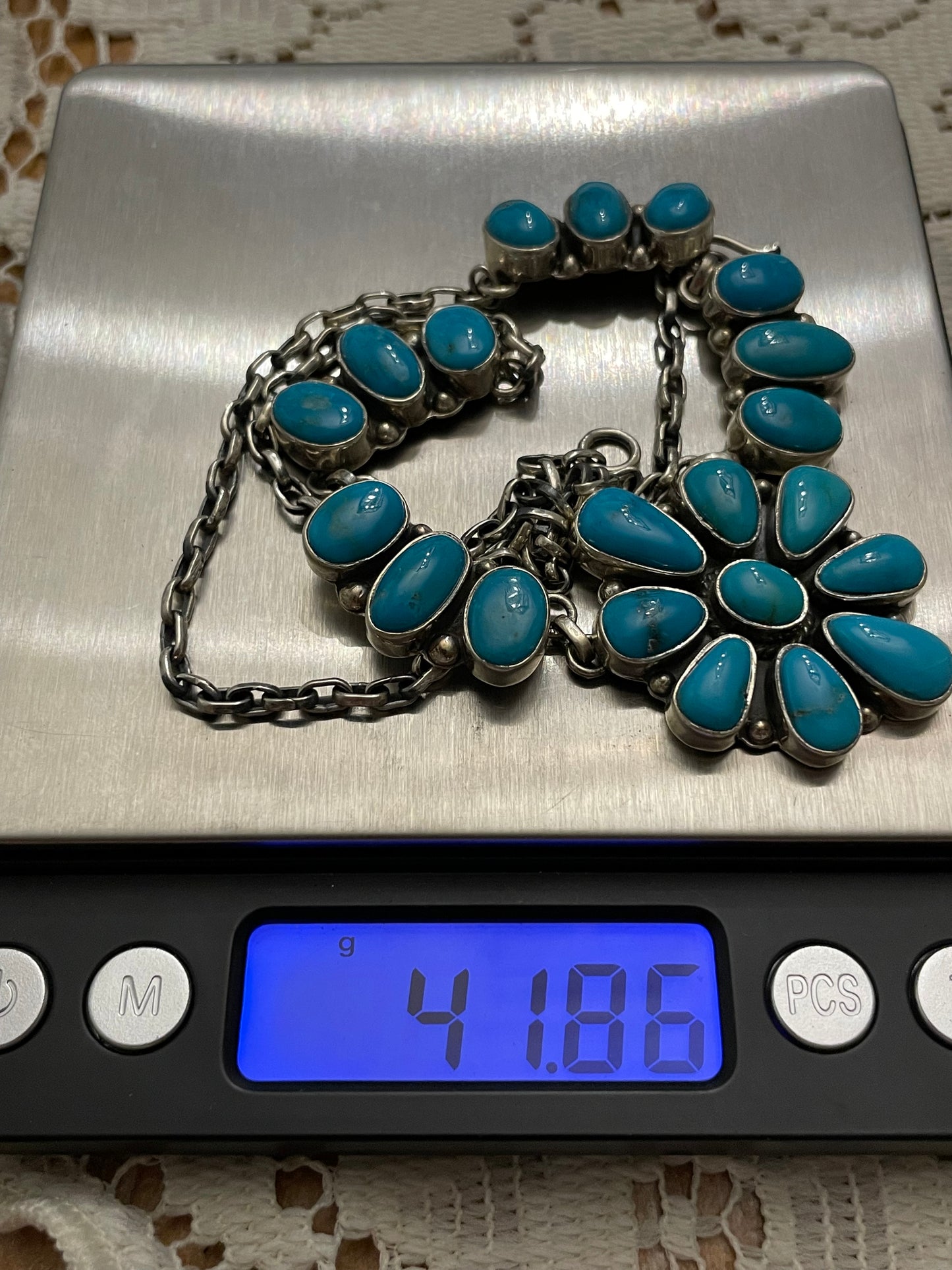 Kingman Turquoise Flower Necklace | Sterling Silver 925 Cluster |B889
