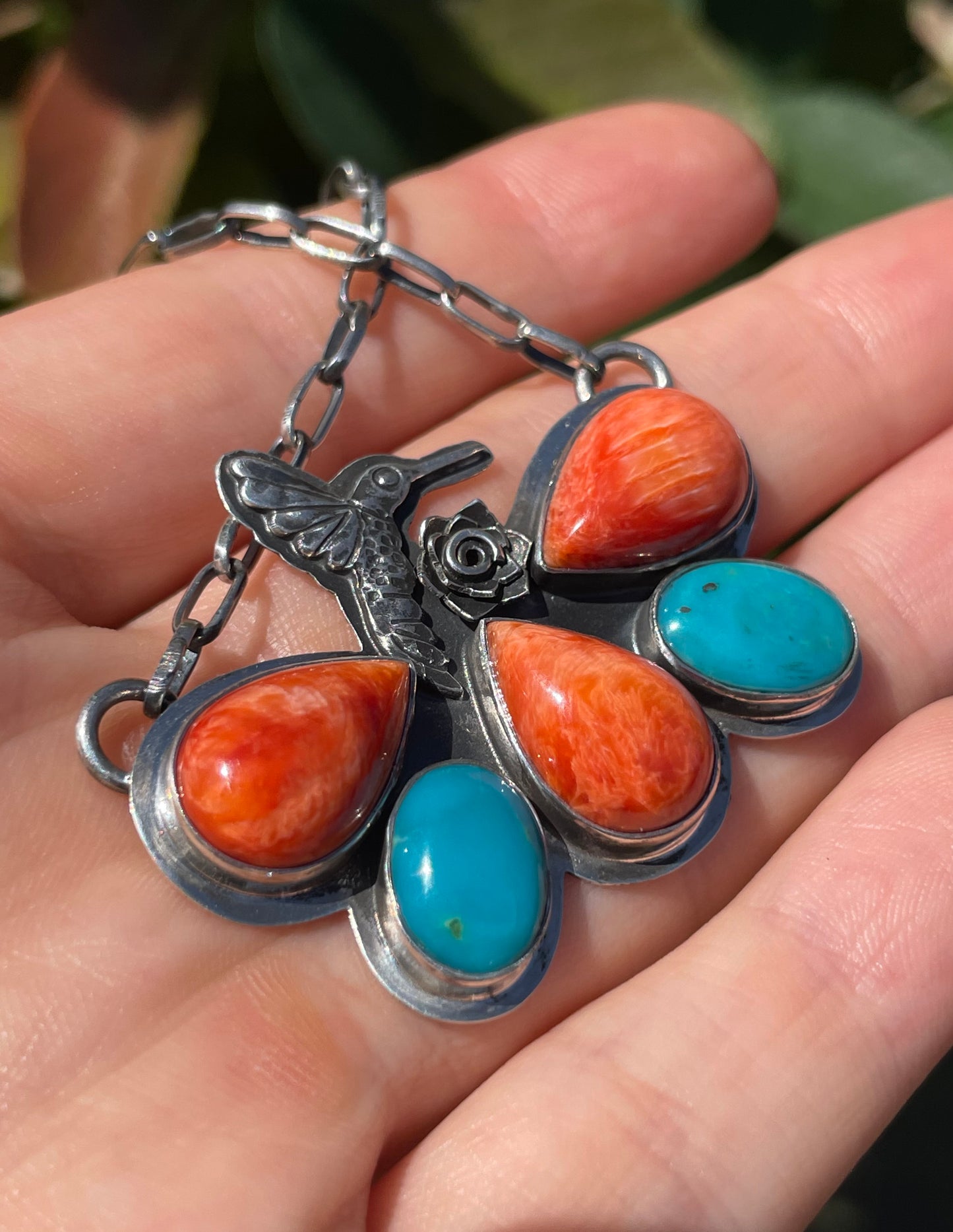 Spiny Oyster & Turquoise Hummingbird Necklace | 925 Sterling Silver D121