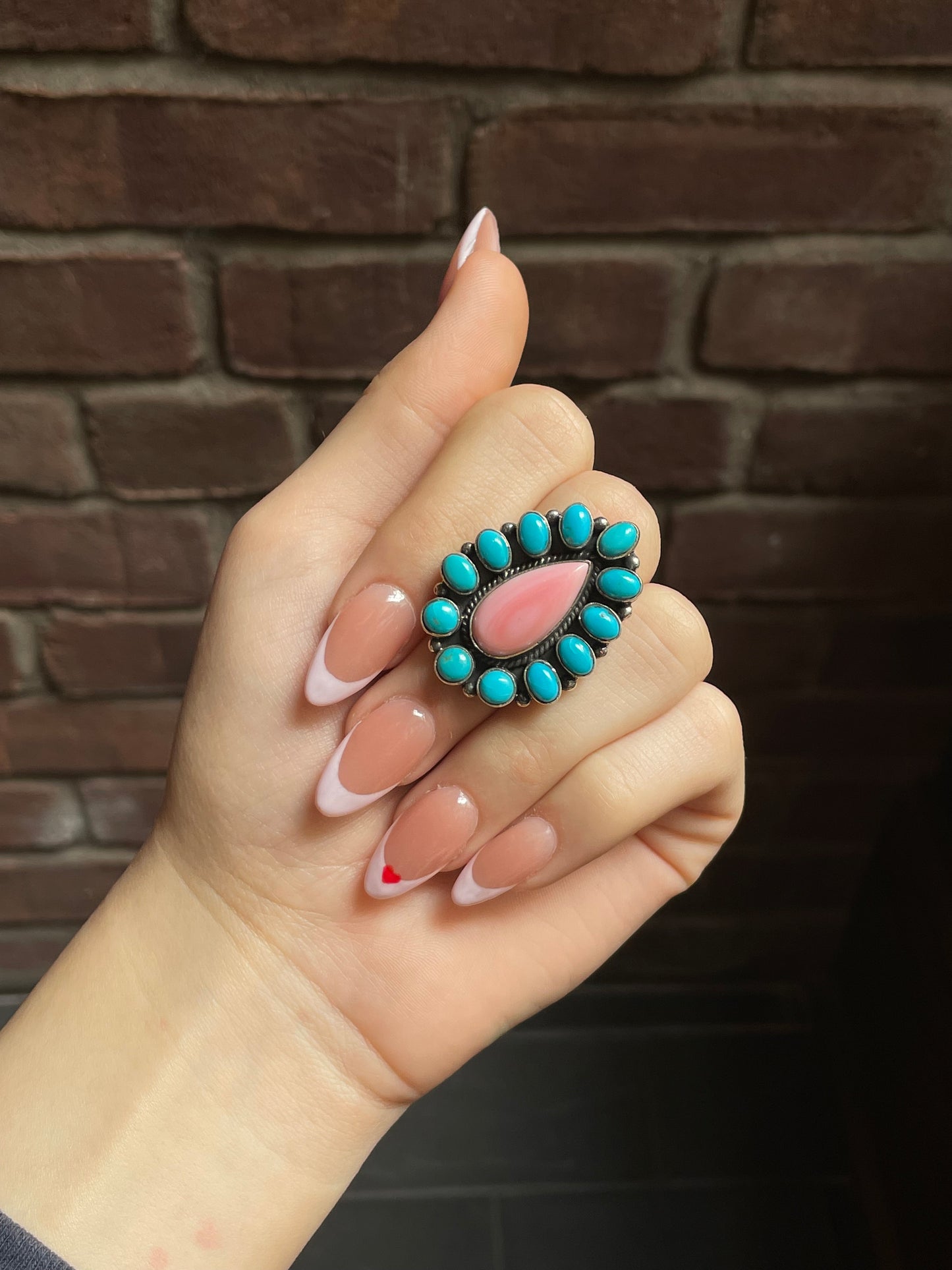 Pink Conch Kingman Turquoise Cluster Ring Size 8 | Sterling Silver E764